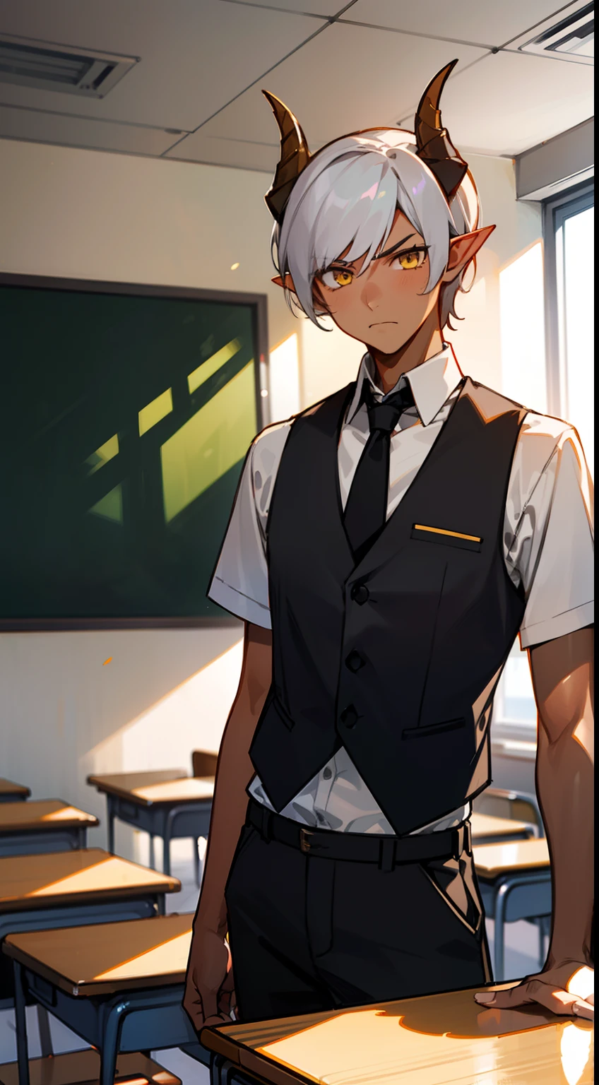 1boy,solo,serious,(tanned skin,medium body,male face),white student shirt,short sleeve,black tie,black vest,black pants,Short hair,white hair,yellow eyes,elves ears,black horns,classroom
