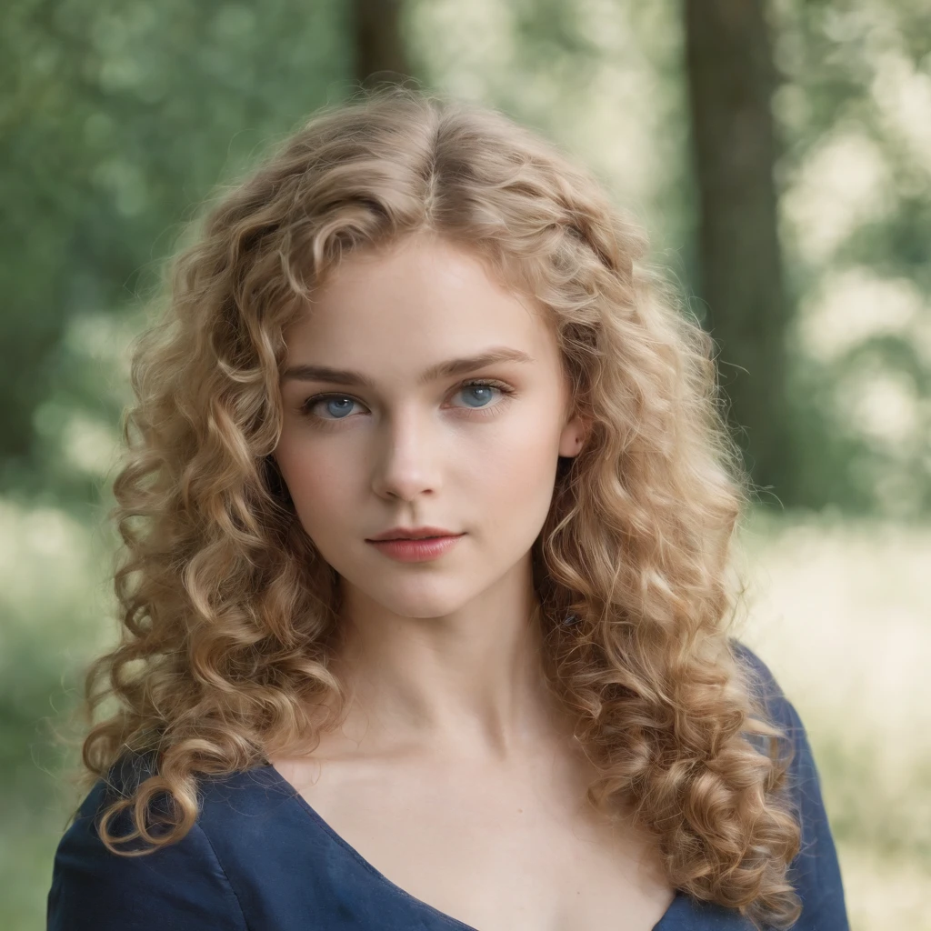 "Full body portrait of a charming 18 year old women with curly hay coloured hair, a late 80s hair style look, petite figure, beautiful face, captivating dark blue eyes, and modest bust size, showcasing her natural beauty."