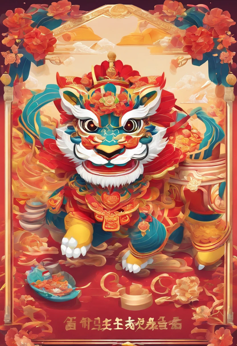 lion dance, depth of fields，jubilation, festivity, exhilarated, Streamers