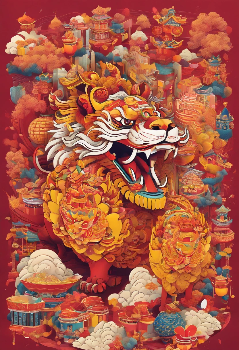 lion dance, depth of fields，jubilation, festivity, exhilarated, Streamers