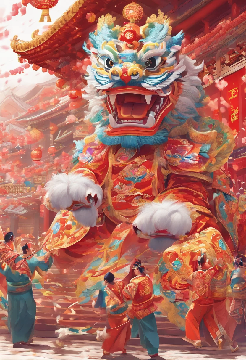 lion dance, depth of fields，jubilation, festivity, exhilarated, Streamers