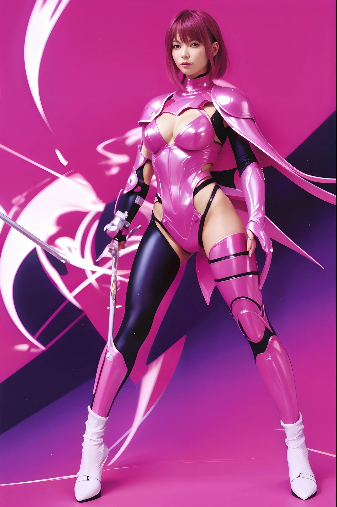 Woman in pink costume holding sword, slick pink armor, juri misaki, shining pink armor, streamlined pink armor, full body zenkai! asuka suit, fuchsia skin below the armor, knights of zodiac girl, fuchsia skin below the armor, No background