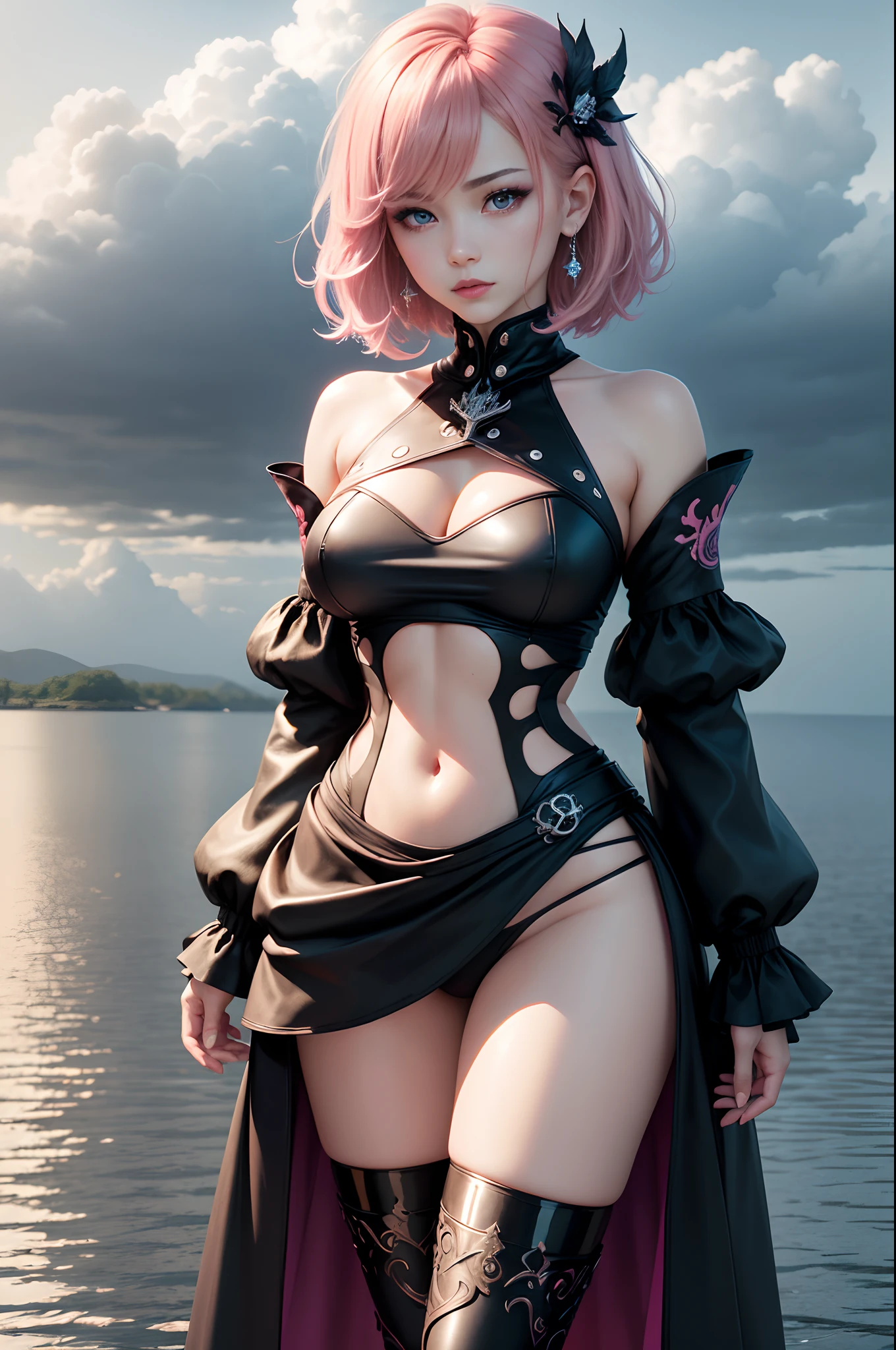 Unbeatable masterpiece, Ultra photo realsisim, Perfect Artwork, Intricate details, Best Quality, strong lights, High contrast, Pink and black exterior and black and pink pants and armor, (makina:1.2)(masutepiece) , (Best Quality) , (Highly detailed wallpapers CG Unity 8k) , (best character detail:1.36), wet lands, Oppressive sky, white clouds , (Delicate lines:1.24), ([Mirrors reflect water]:1.37) , (Fantasy) , cumulonimbus clouds , (The oppressive atmosphere of the host:1.14) , (cold light:1.2) , Color splattering , Colorful, full body Esbian,White background, Detailed eyes, Beautiful eyes, Detailed eyeshadow, Red Eyes, Red Lipstick, wariza, hair adornments, Simple background, cube hair ornament,Short bob blonde hair, 1womanl, hightquality　real looking skin　超A high resolution