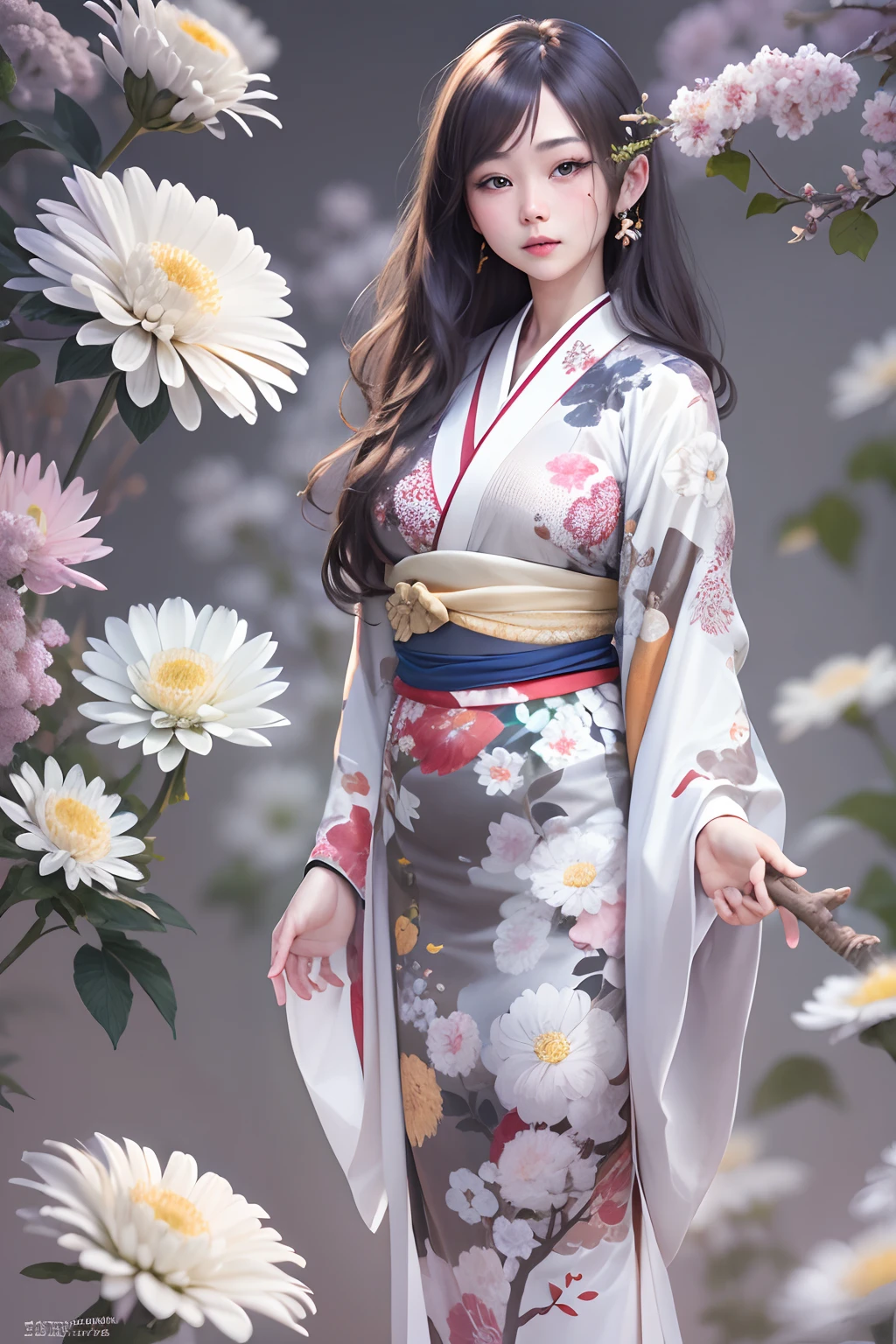 realistic、Real Stick、high-detail、18year old、White Russian woman、Makes plump breasts flutter、kimono(White chrysanthemum pattern on pepper color)、Futuristic dressing