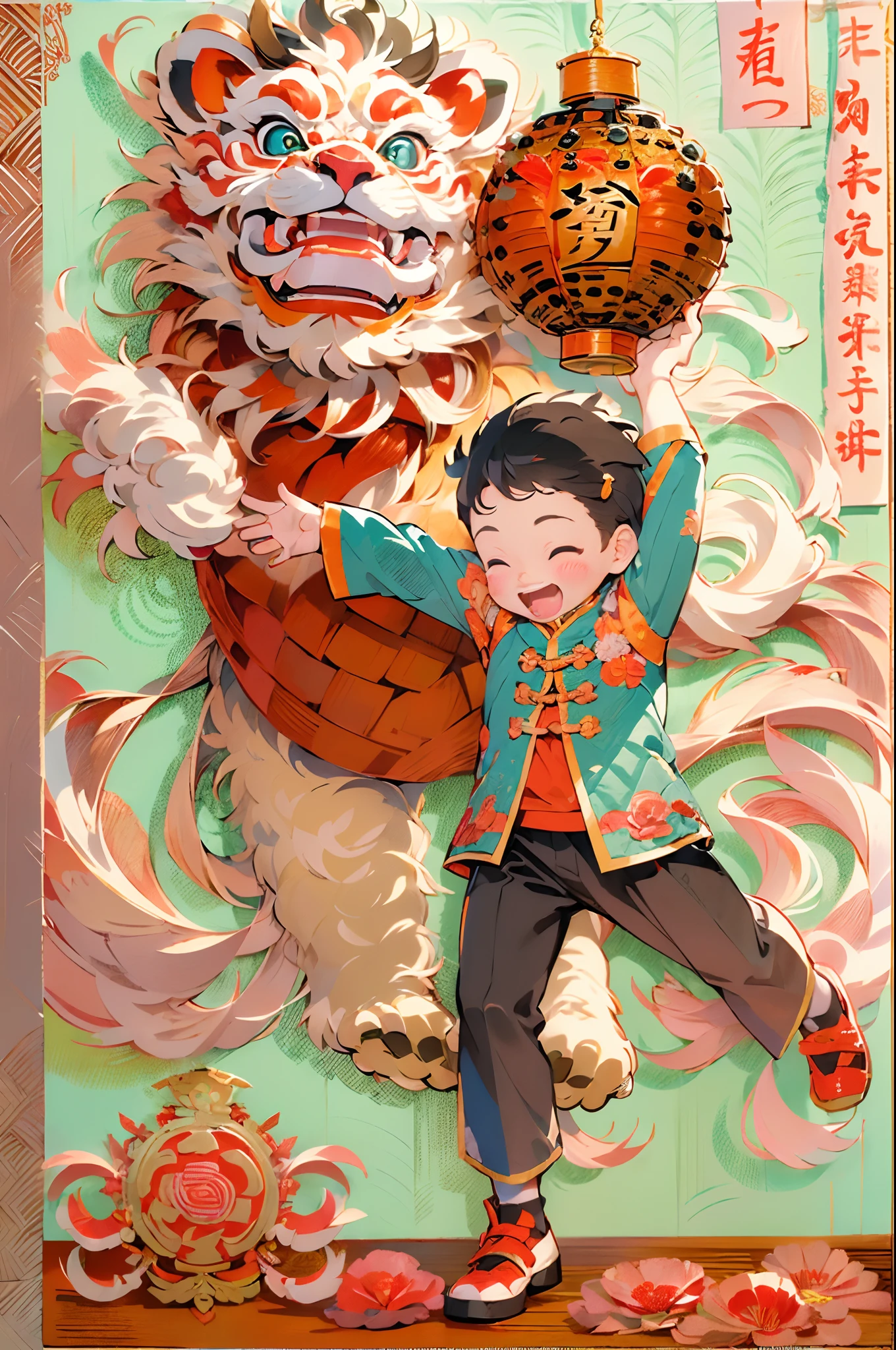 (illustration:1.3，paper art:1.3, Quilted paper art:1.2)，A Boy Holds Lion Head with Both Hands, Dancing, Excited, Red Lantern, Chinese Year, Covered Face, Perfect Body Proportions, Solo, Indoor, Chinese Clothes, Chinese Style, Red, Lion Dance