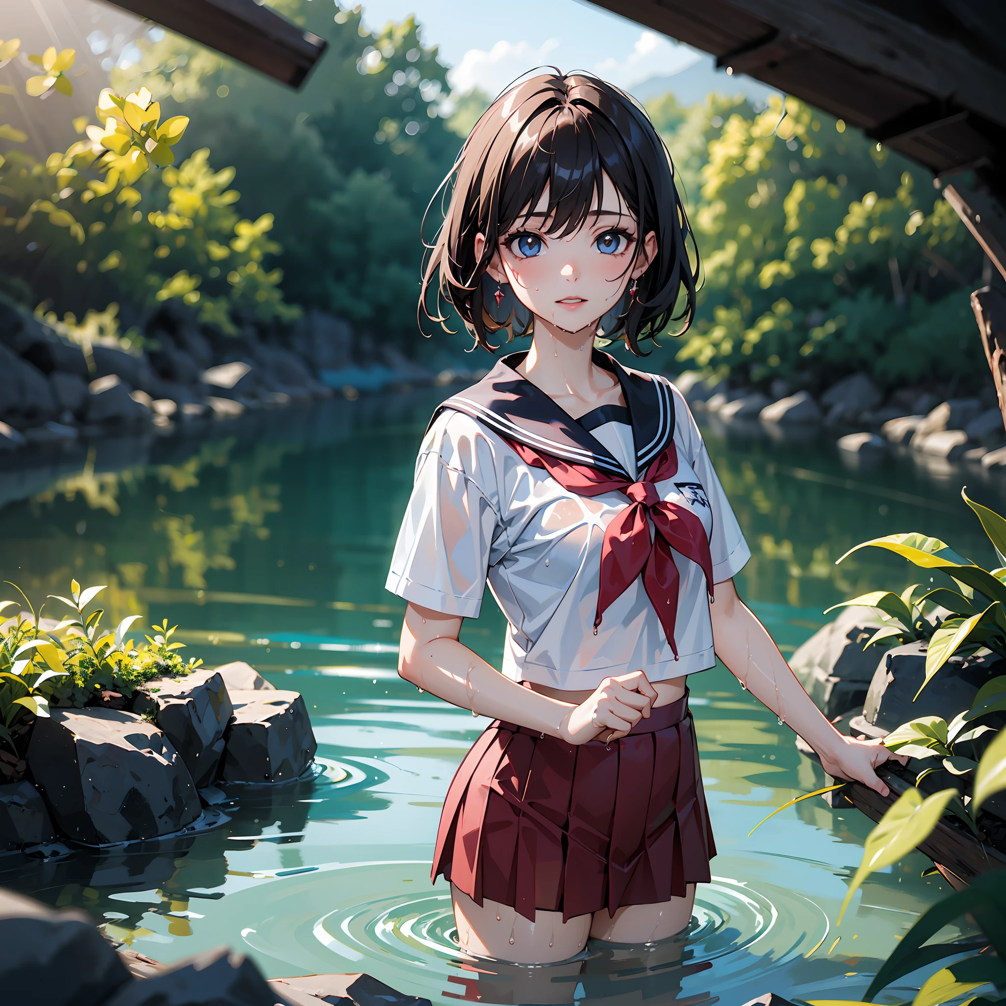 1girl, sentado, Lagoon Scenery, feixe de luz, particuls, (blurry background), dramatic lighting, Wet, luz solar fraca, sorrir, Olhos fechados, de cima, Serafuku