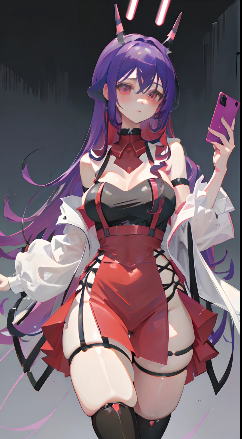 Create an anime girl with horns. She has medium-length dark purple hair with red highlights, and bangs. She has pointy ears poking out of her hair, and is wearing a black and purple dress with a lace pattern, knee-length stockings, and combat boots. Her horns are pointed, thin, and black, with red patterns on them. She has a friendly and alluring expression, with a hint of playfulness in her eyes. Her figure is confident and relaxed, and she is holding a camera in front of her as if she's taking a selfie. Overall, she has an otherworldly beauty that is both mesmerizing and intimidating.