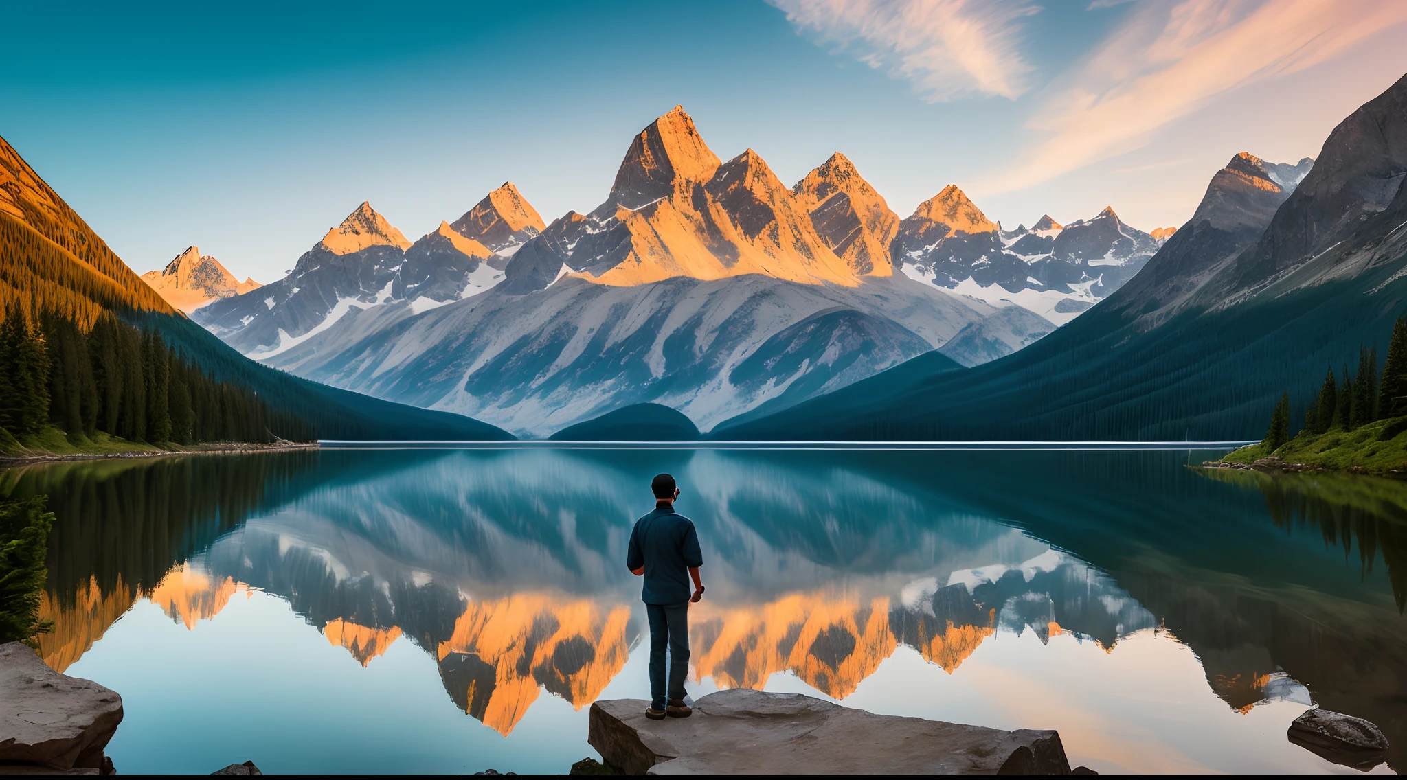 arafed man standing in front of a mountain with a lake and a castle, matte painting portrait shot, wojtek fus, marc adamus, portrait of monk, matte painting 4k 8k, atey ghailan and steve mccurry, portrait shot, 8k matte painting, 8 k matte painting, 4 k matte painting, 4k masterpiece, 4 k masterpiece,painting colour