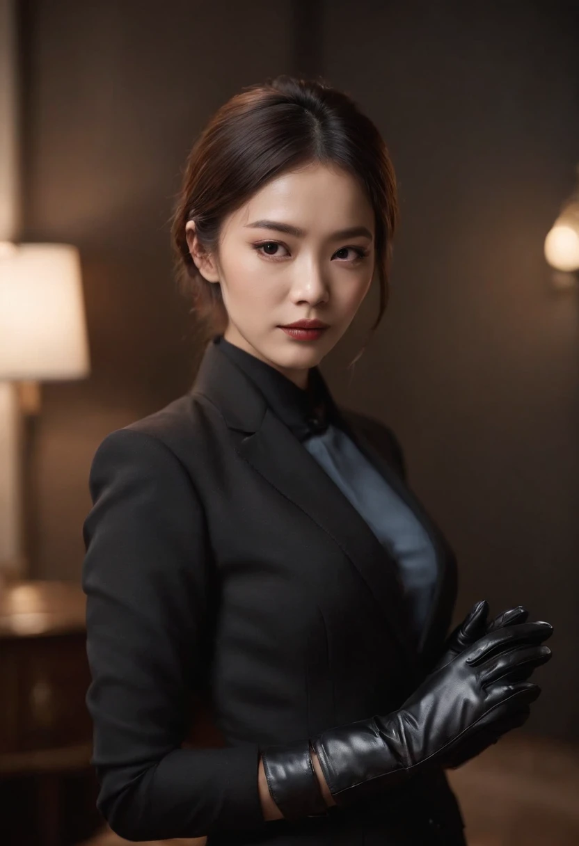 A woman wearing a men's three-piece suit with a black shirt, wearing black leather gloves in both hands, a Japanese girl, a dark hotel room