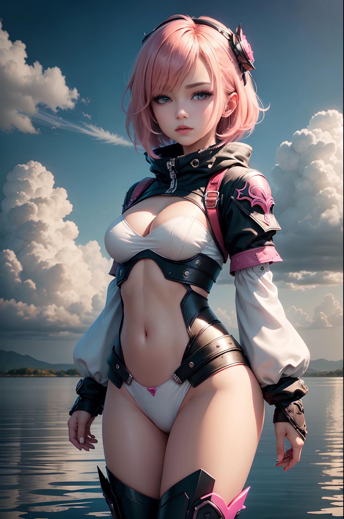 Unbeatable masterpiece, Ultra photo realsisim, Perfect Artwork, Intricate details, Best Quality, strong lights, High contrast, Pink exterior and black and pink pants and armor, (makina:1.2)(masutepiece) , (Best Quality) , (Highly detailed wallpapers CG Unity 8k) , (best character detail:1.36), wet lands, Oppressive sky, white clouds , (Delicate lines:1.24), ([Mirrors reflect water]:1.37) , (Fantasy) , cumulonimbus clouds , (The oppressive atmosphere of the host:1.14) , (cold light:1.2) , Color splattering , Colorful, full body Esbian,White background, Detailed eyes, Beautiful eyes, Detailed eyeshadow, Red Eyes, Red Lipstick, wariza, hair adornments, Simple background, cube hair ornament,Short bob blonde hair, 1womanl, hightquality　real looking skin　超A high resolution