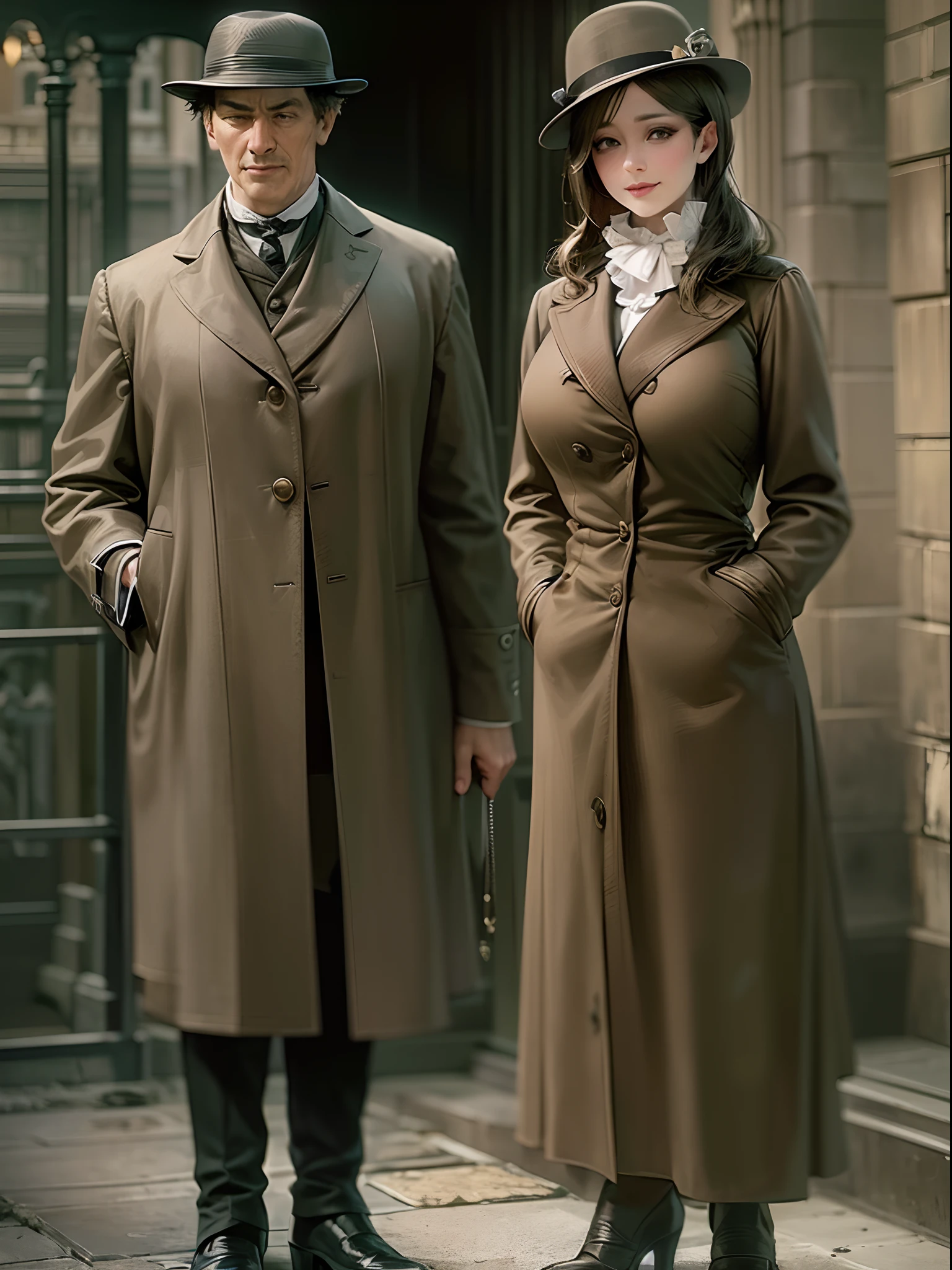 sherlock holmes lady & watson girl,
(huge busty:1.5),
sherlock holmes lady brown glen check frock coat,
side standing watson girl white formal suits,
detective,
gently,
elegance,
wind,
smile,
london,
baker street,
british,
real face,
real body,
real background,
((((masterpiece)))), high quality, very_high_resolution, large_filesize, full color,
