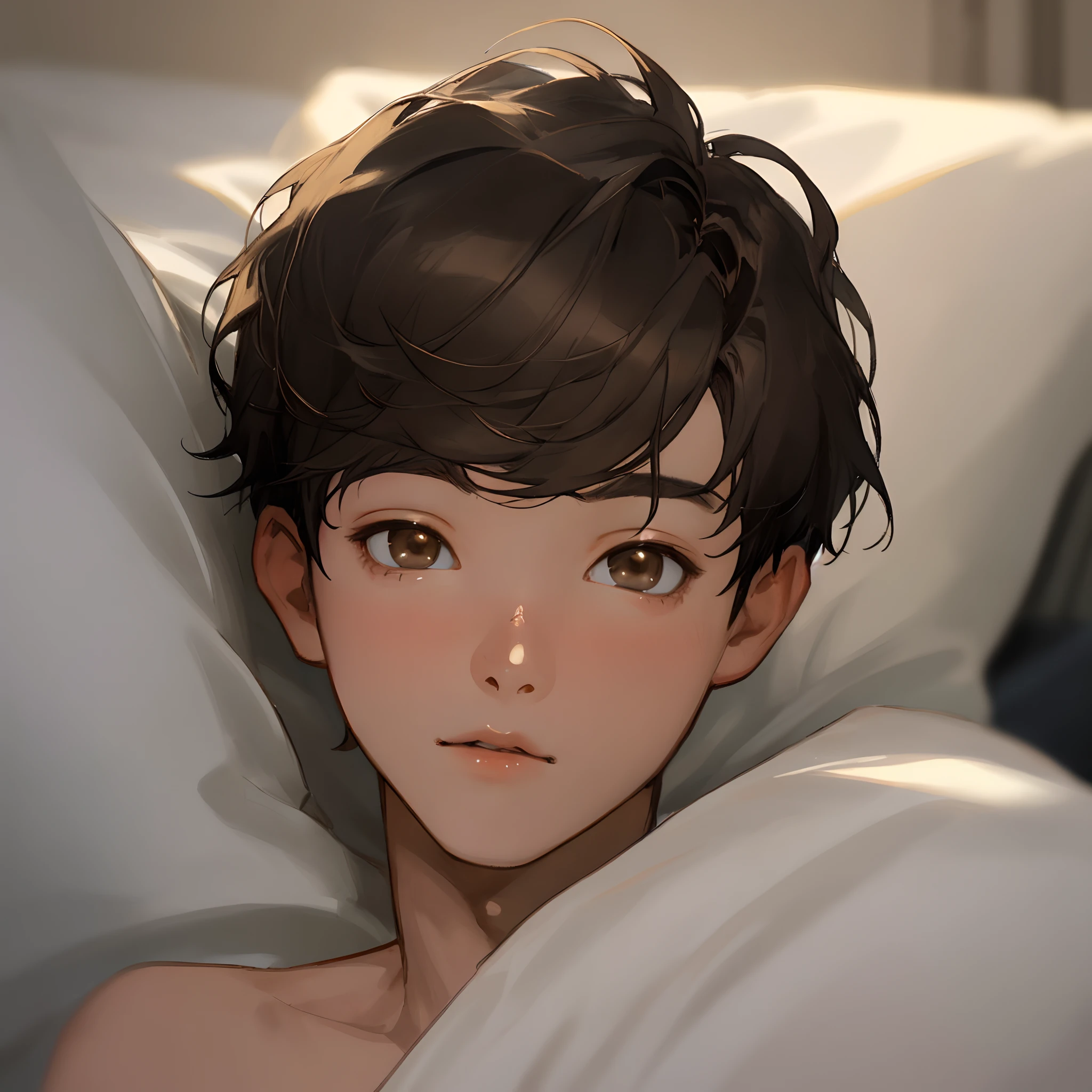 Create Portrait of 13 years old teenage boy (naked) in bed he has white prefect skin and looks like anime with black hair and light brown eyes in realistic style