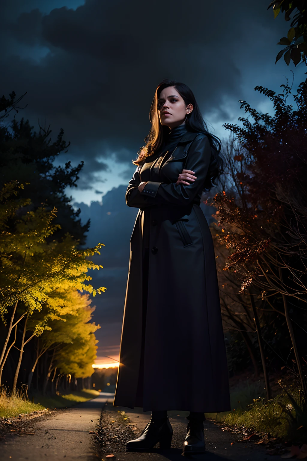 A woman who is a mean, angry woman with crossed arms blocking a pathway in the woods, background is dark autumn sky, mood is hindering, obstruction, obscuring discord, character design.