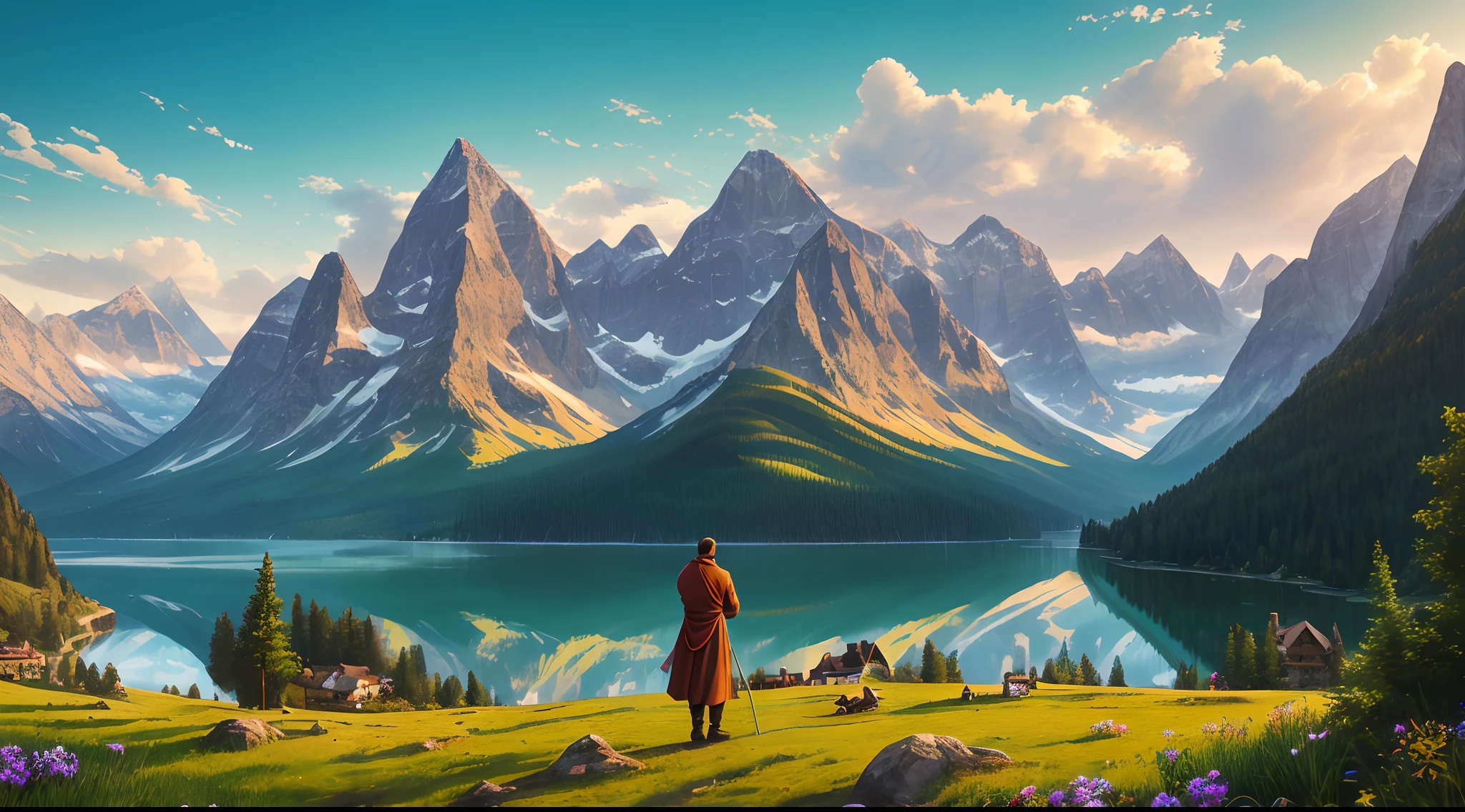arafed man standing in front of a mountain with a lake and a castle, matte painting portrait shot, wojtek fus, marc adamus, portrait of monk, matte painting 4k 8k, atey ghailan and steve mccurry, portrait shot, 8k matte painting, 8 k matte painting, 4 k matte painting, 4k masterpiece, 4 k masterpiece,painting colour