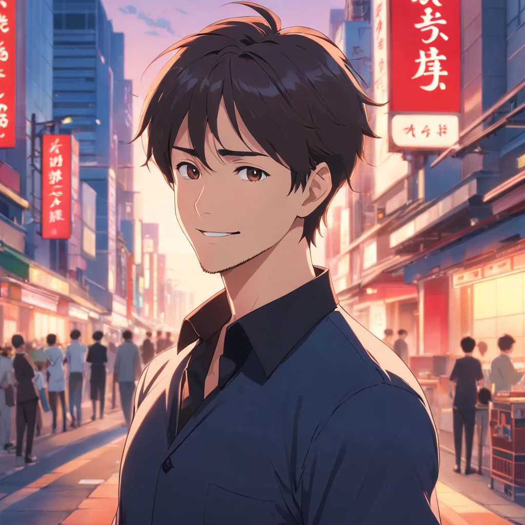 (Front view:1.4),Groomed beard,40-year-old dandy man,Composition of the upper body,japanes,(A smile:1.3),A tall man,a beard, Delicate facial features like an actor,thick eyebrow,Short-haired true black hair, (Black collared shirt:1.4), Intense muscles, eyes are brown, 1 Nothing behind、Nothing in the background、evening glow、Red background