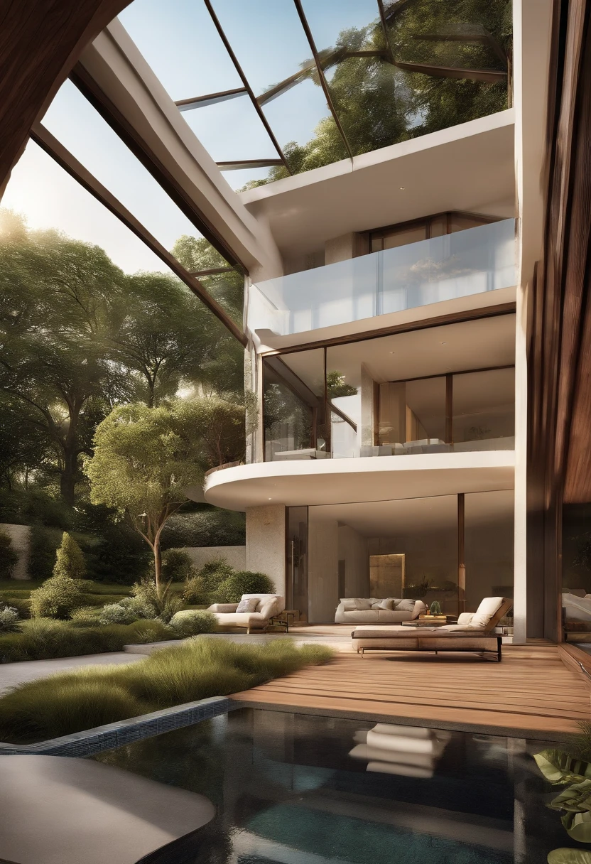 beautiful garden, luxurious interior, sunlight streaming through, modern design, spacious rooms, elegant furniture, vibrant colors, panoramic view, refreshing swimming pool, state-of-the-art gymnasium, serene atmosphere, meticulous attention to detail, professional landscaping, impeccable maintenance, peaceful park in front, perfect harmony of nature and architecture