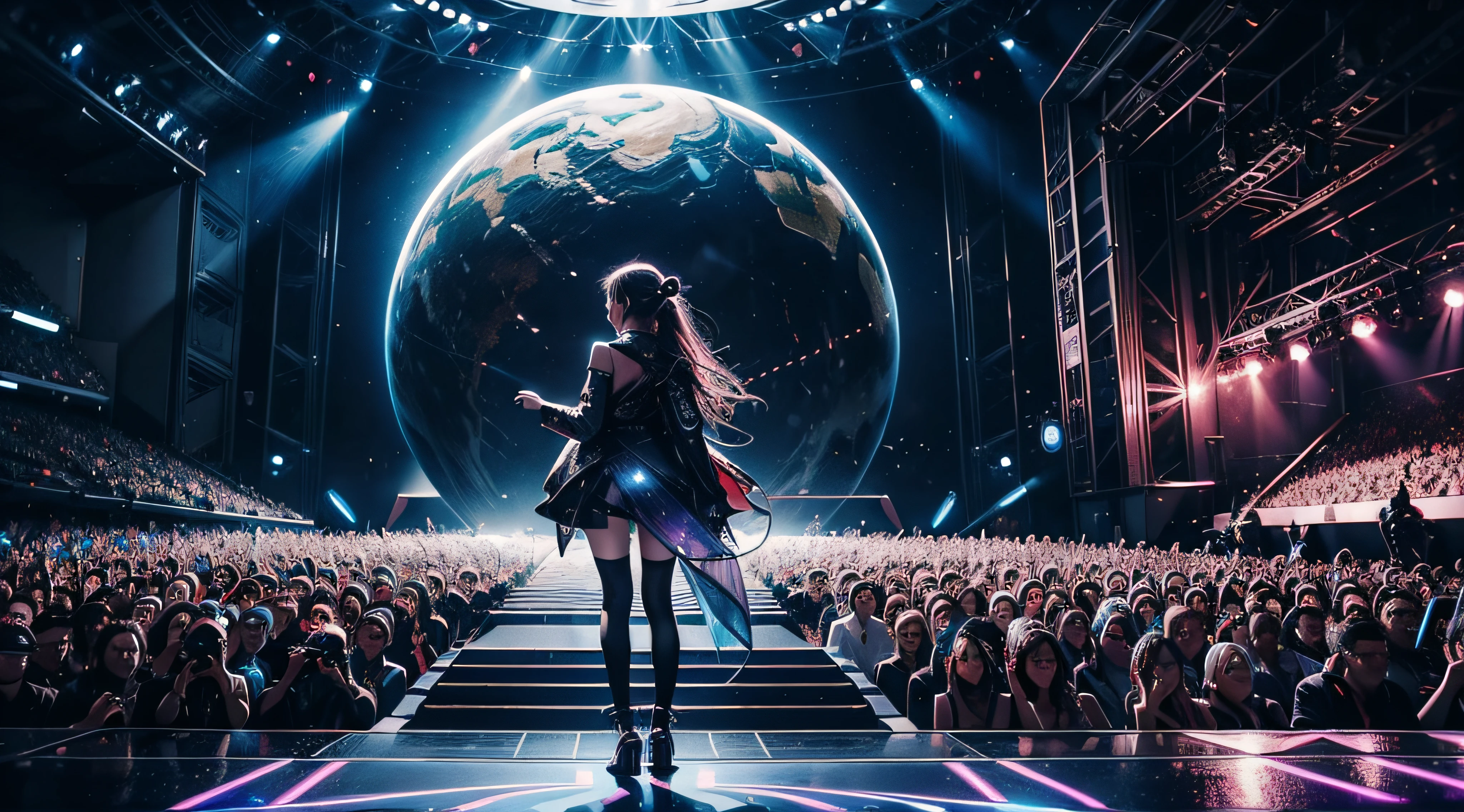 Create a creative art scene of AI singing on stage in front of an enthusiastic audience at a futuristic metaverse music festival. AI singer stands on holographic stage、Imagine playing music with digital licenses and emotions. Beautiful scene combined with audience reaction, Light production, And a futuristic musical experience,8K.High quality,hyper realistic,