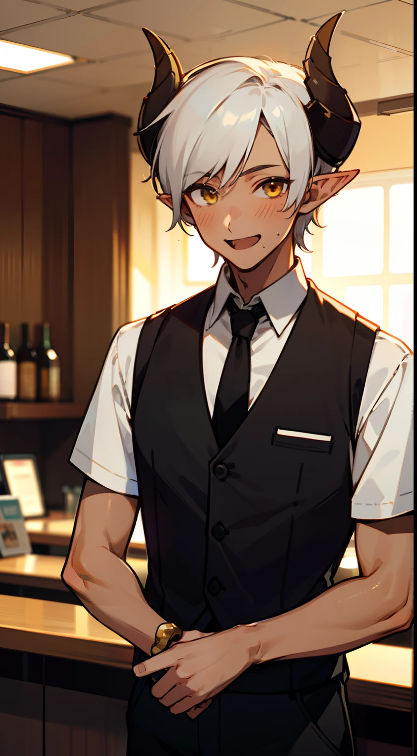 1boy,solo,happy,(tanned skin,medium body,male face),white student shirt,short sleeve,black tie,black vest,black pants,Short hair,white hair,yellow eyes,elves ears,black horns,restaurant
