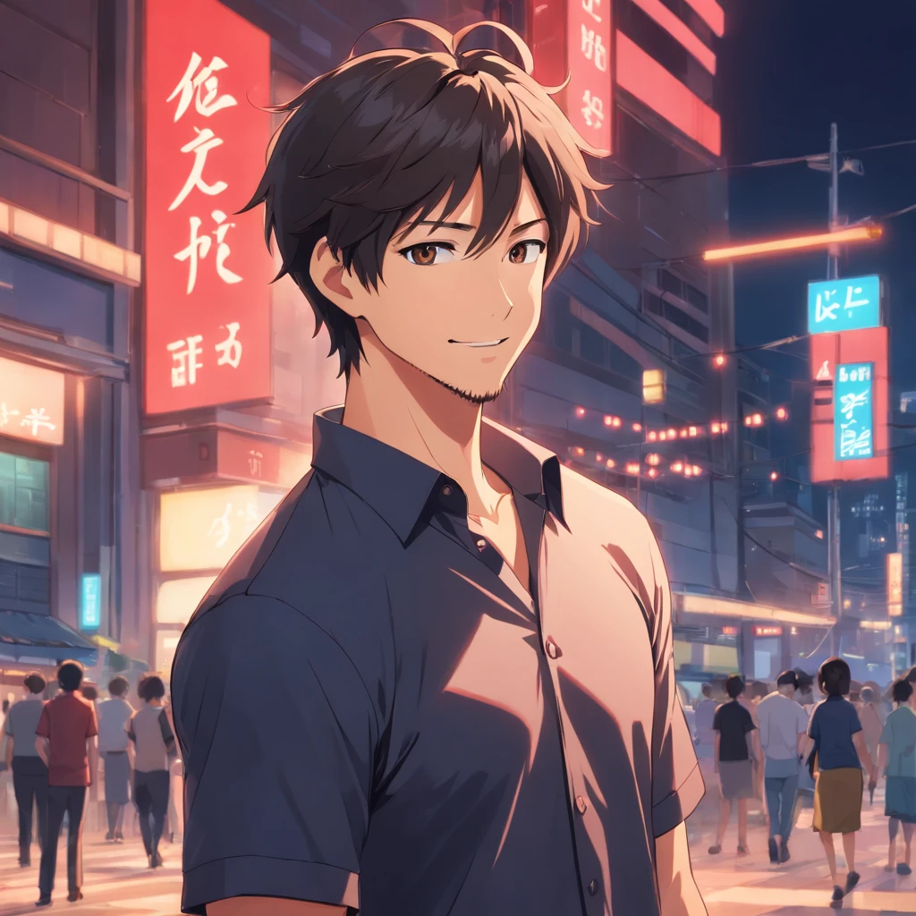 (Front view:1.4),Groomed beard,40-year-old dandy man,Composition of the upper body,Makoto Shinkai's painting style,japanes,(A smile:1.3),Ridicule,A tall man,a beard, Delicate facial features like an actor,Short-haired true black hair, (Black Y-shirt:1.4), Intense muscles, eyes are brown, One-color background、Solid background color, blurry background ,red background