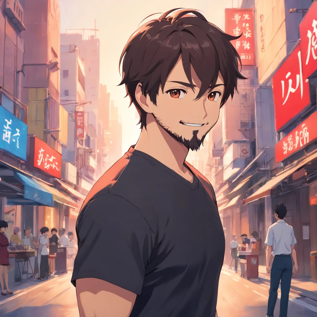 (Front view:1.4),Groomed beard,40-year-old dandy man,Composition of the upper body,Makoto Shinkai's painting style,japanes,(A smile:1.3),Ridicule,A tall man,a beard, Delicate facial features like an actor,Short-haired true black hair, (Black Y-shirt:1.4), Intense muscles, eyes are brown, One-color background、Solid background color, blurry background ,red background