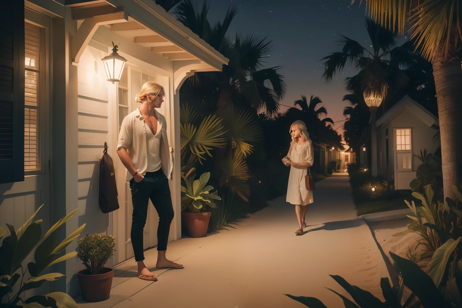 Year: 2023. Location: Edisto, South Carolina. back of a pre-raphaelite blonde woman, approaching a house from the beach side, a man waiting in the porch, ((night)) ((very dark)), ((2020s casual clothes)) ((2020s hairstyle)) ((in the style of "OMITB")) ((cinematic style))