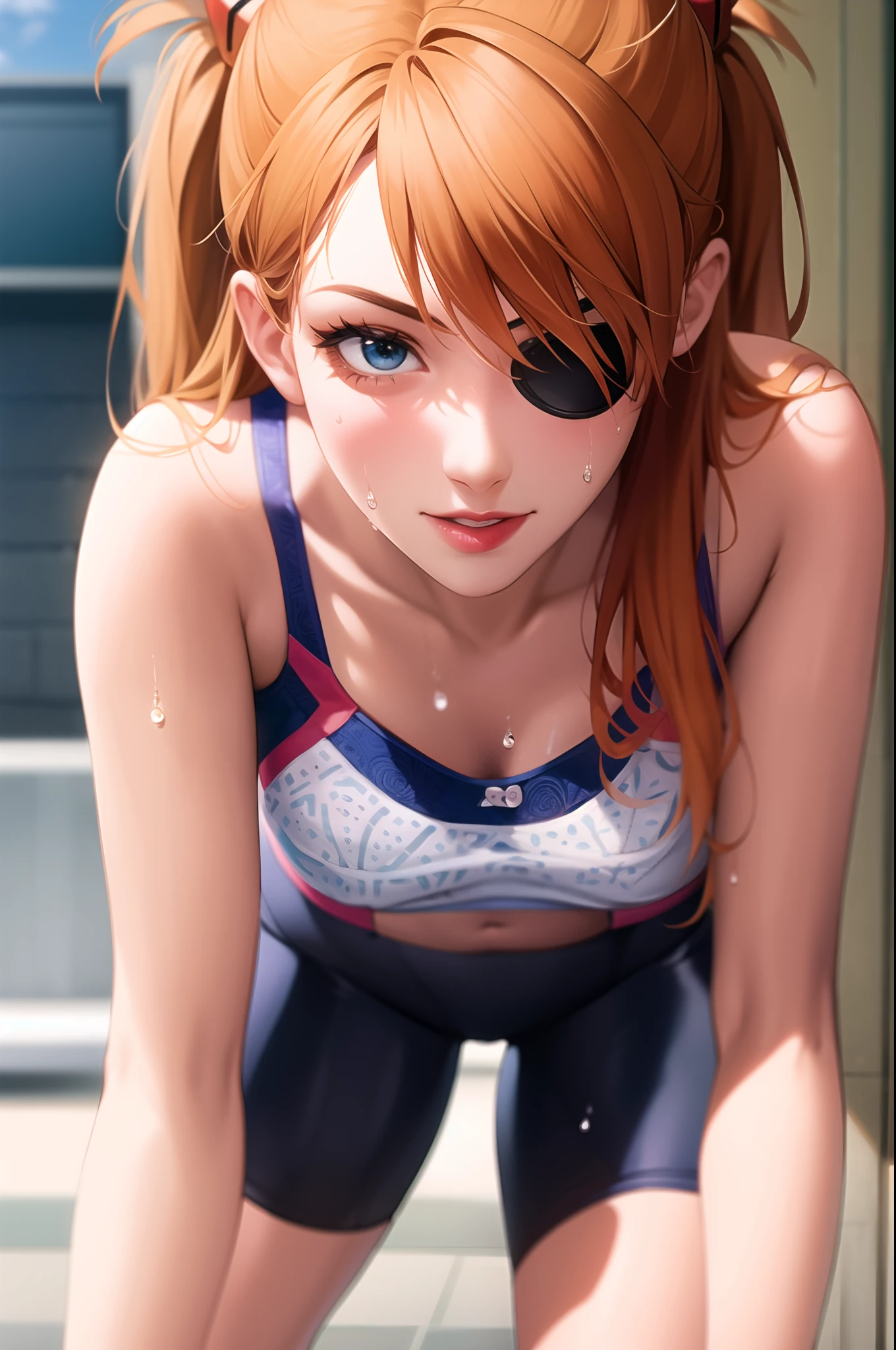 perfect eyes:1.2, detailed eyes:1.4, nature, eyepatch:1.4, souryuu asuka langley, sweat:1, towel:1, training, crop top, bike shorts, interface headset, orange hair, Ultra-realistic 8K CG, masterpiece, ((ultra-detailed background, delicate pattern, intricate details)), best quality, intricate details, 1girl, solo, (masterpiece:1.6, best quality)