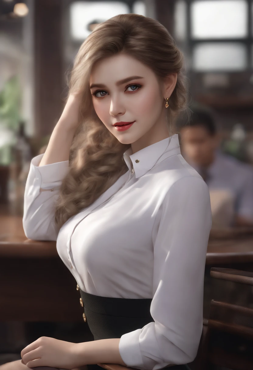 ((Best quality, 8k, Masterpiece :1.3)), 1girl, Pretty woman with emphasizing slender abs :1.3, (long wavy brown hair, big breasts :1.2), dress shirt :1.2, Ultra-detailed face, Detailed eyes, Double eyelid