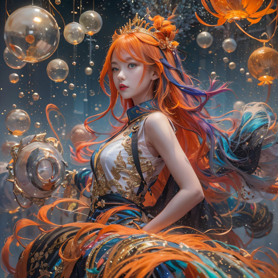 cyan colors，blue colors，enamel，agates，A flesh-colored world，Blood Girl 32K（tmasterpiece，k hd，hyper HD，32K）Long flowing bright orange hair，blood pond，zydink， a color，Grumpy （Post-halo）， （Linen scarf）， Combat posture， looking at the ground， long whitr hair， Floating bright orange， Fire cloud pattern gold tiara， Chinese long-sleeved gold silk burgundy garment， （Abstract metaverse splash：1.2）， white backgrounid，Lotus vitality protector（realisticlying：1.4），Bright purple hair，Smoke on the road，The background is pure， A high resolution， the detail， RAW photogr， Sharp Re， Nikon D850 Film Stock Photo by Jefferies Lee 4 Kodak Portra 400 Camera F1.6 shots, Rich colors, ultra-realistic vivid textures, Dramatic lighting, Unreal Engine Art Station Trend, cinestir 800，A girl with long flowing bright orange hair，Huge multicolored bubbles