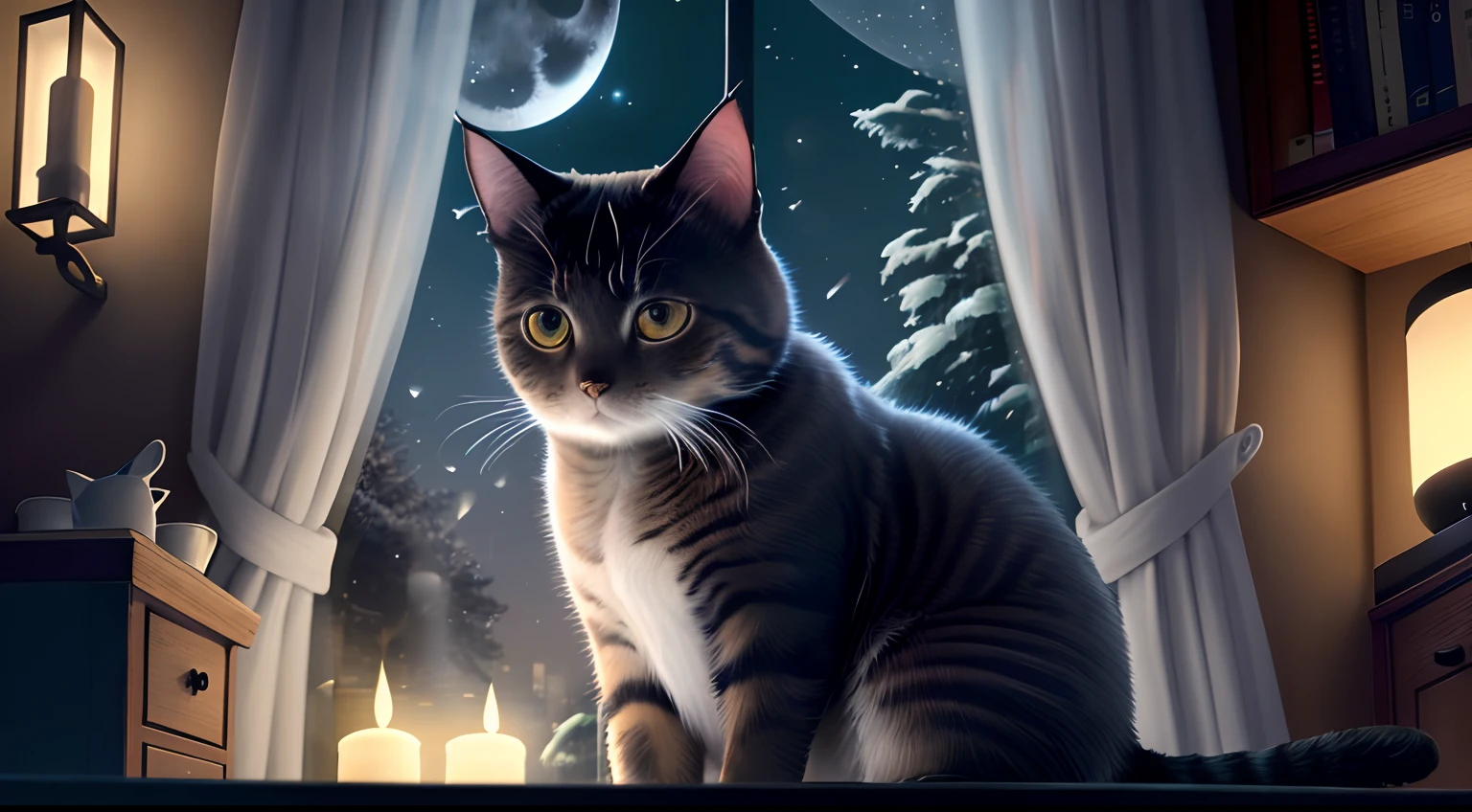 Duan There is a cat behind the window From the outside natta murky mid night Moon Night Cat illuminated by lights