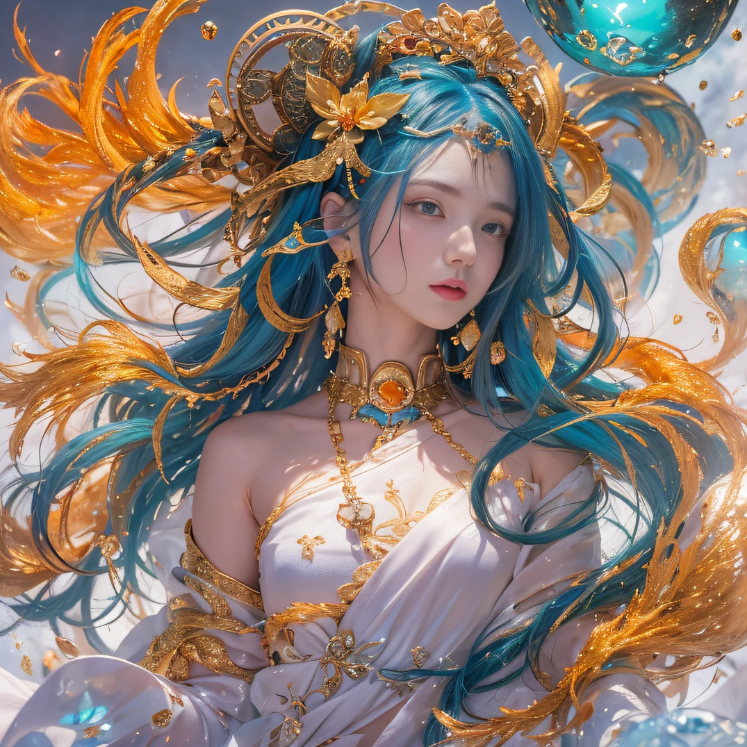 cyan colors,blue colors,enamel,agates,A flesh-colored world,Blood Girl 32K(tmasterpiece,k hd,hyper HD,32K)Long flowing bright orange hair,blood pond,zydink, a color,Grumpy (Post-halo), (Linen scarf), Combat posture, looking at the ground, long whitr hair, Floating bright orange, Fire cloud pattern gold tiara, Chinese long-sleeved gold silk burgundy garment, (Abstract metaverse splash:1.2), white backgrounid,Lotus vitality protector(realisticlying:1.4),Bright purple hair,Smoke on the road,The background is pure, A high resolution, the detail, RAW photogr, Sharp Re, Nikon D850 Film Stock Photo by Jefferies Lee 4 Kodak Portra 400 Camera F1.6 shots, Rich colors, ultra-realistic vivid textures, Dramatic lighting, Unreal Engine Art Station Trend, cinestir 800,A girl with long flowing bright orange hair,Huge multicolored bubbles