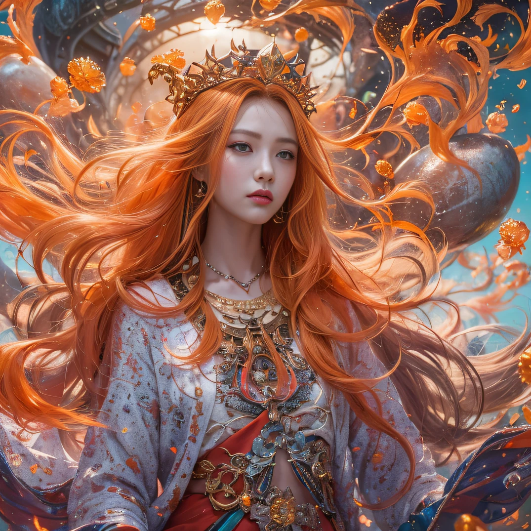 cyan colors,blue colors,enamel,agates,A flesh-colored world,Blood Girl 32K(tmasterpiece,k hd,hyper HD,32K)Long flowing bright orange hair,blood pond,zydink, a color,Grumpy (Post-halo), (Linen scarf), Combat posture, looking at the ground, long whitr hair, Floating bright orange, Fire cloud pattern gold tiara, Chinese long-sleeved gold silk burgundy garment, (Abstract metaverse splash:1.2), white backgrounid,Lotus vitality protector(realisticlying:1.4),Bright purple hair,Smoke on the road,The background is pure, A high resolution, the detail, RAW photogr, Sharp Re, Nikon D850 Film Stock Photo by Jefferies Lee 4 Kodak Portra 400 Camera F1.6 shots, Rich colors, ultra-realistic vivid textures, Dramatic lighting, Unreal Engine Art Station Trend, cinestir 800,A girl with long flowing bright orange hair,Huge multicolored bubbles