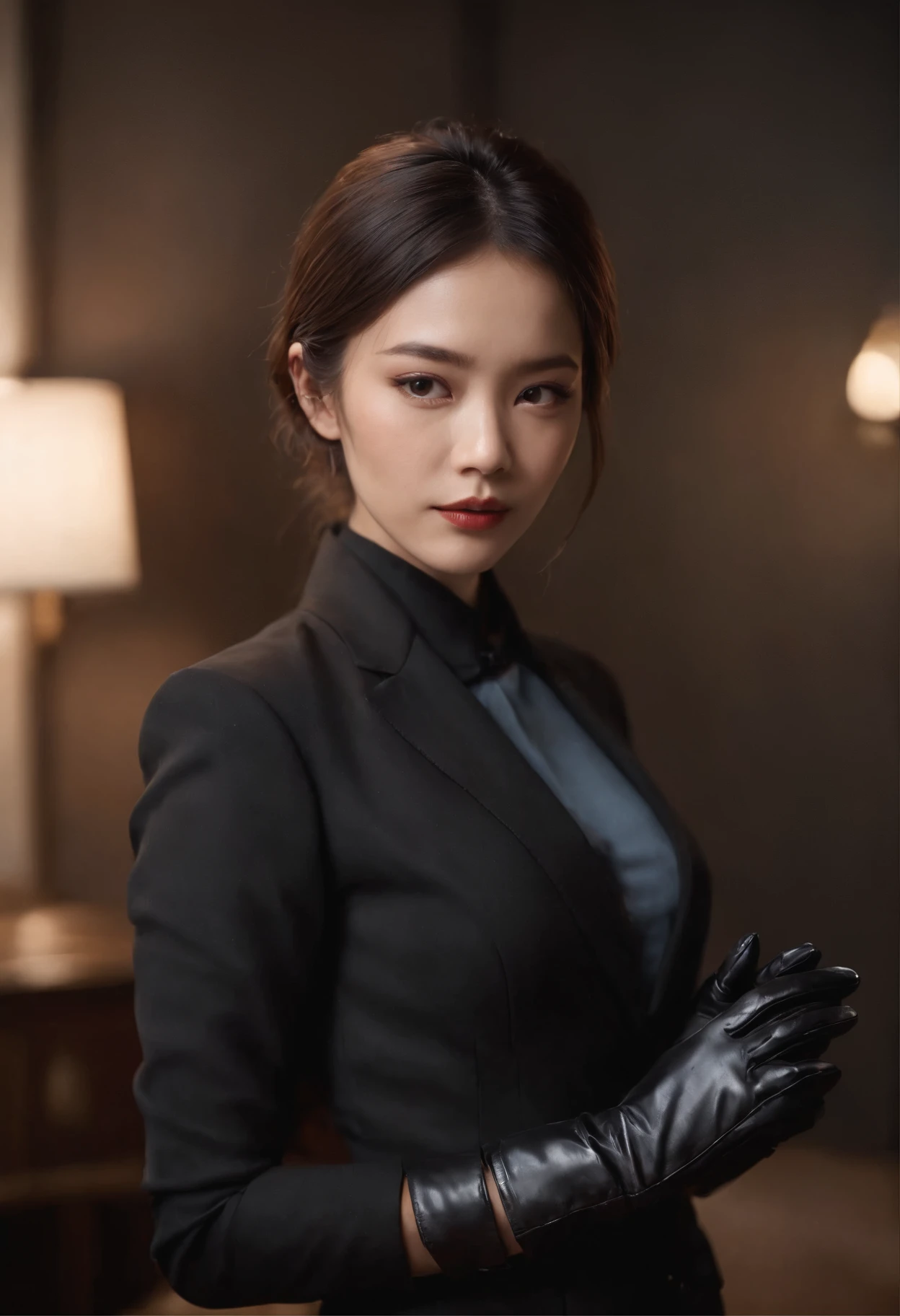 A woman wearing a men's three-piece suit with a black shirt, wearing black leather gloves in both hands, a Japanese girl, a dark hotel room