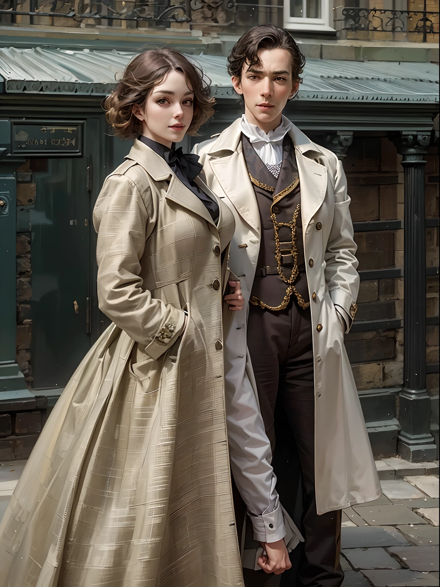 sherlock holmes lady & watson girl,
(huge busty:1.5),
sherlock holmes lady brown glen check frock coat,
side standing watson girl white formal suits,
detective,
gently,
elegance,
wind,
smile,
london,
baker street,
british,
real face,
real body,
real background,
((((masterpiece)))), high quality, very_high_resolution, large_filesize, full color,