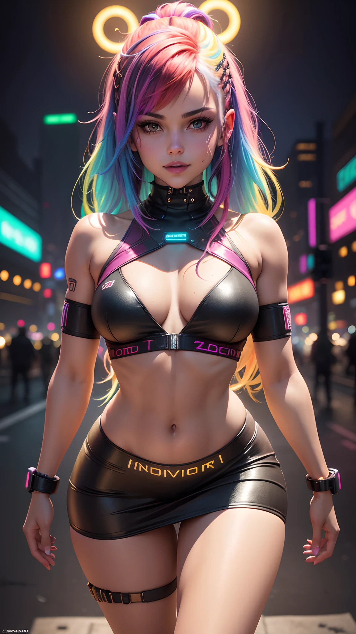 solo, 1girl, , (multicolored hair:1.36),(multicolored clothes:1.36), cyberpunk 2077, analog style, woman, (neon lights in the city background:1.1), glowing colors, looking at viewer, naughty smile, symmetric, centered, closeup, feminine, athletic, fit, high, tan skin, european, minidress, excited, smile, glowsticks, disco, gold outline, [(colorful explosion psychedelic paint colors:1.1)::0.125], iridescent, chromatic aberration, studio lights, bright light, glowing skin, realistic body proportions, realistic, photo-realistic, 8k, highly detailed, led light, laser lights,fruit-flavored, (thepit bimbo:0.5), glossy, sexy, Selena Gomez