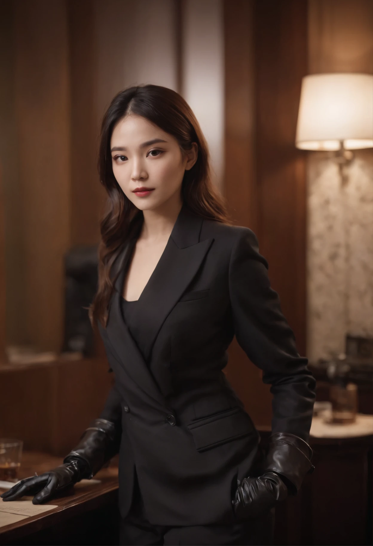 A woman wearing a men's three-piece suit with a black shirt, wearing black leather gloves in both hands, a Japanese girl, a dark hotel room