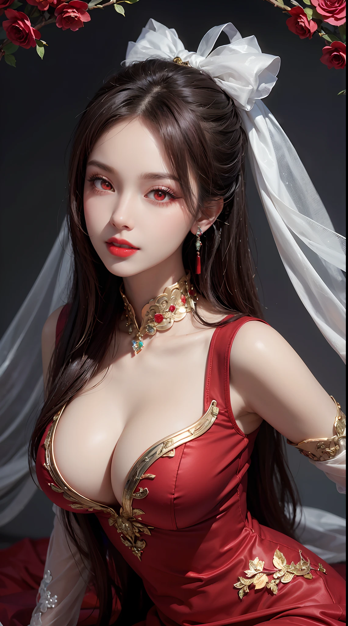 "1 beautiful girl in traditional costume, wearing a traditional Chinese ao dai in luminous red, Ao dai with red as the main color, black chest border and gold border, long hair and white bangs, hair jewelry most detailed and beautiful, Super cute little face, Extremely pretty face, sparse eyebrows, most flawless beautiful face, ((black pupil:0.8)), very beautiful eyes, ((eyes red:1.4)), beautiful and detailed eyelashes and very magical makeup, high nose, earrings, thin lips, red lips, no smiling, beautiful lips, rosy face, clean face, flawless beautiful face , smooth white skin, (big breasts: 0.9)), Blums breasts, ((big and super round breasts): 0.9)), ((super tight breasts: 1.2)), ((breast augmentation: 0.8)), beautiful breasts, sitting on the floor, Sitting with legs wide open, thighs wide and not shy, hands behind back, chest forward, leaning back slightly, beautiful girl's upper body, 8k photo, super high quality, hyper realistic, 10x super pixels, photo realistic, bright studio, bright edges, two-tone light color, (high detail) skin: 1.2), 8k ultra, soft light, high quality , volumetric lighting, realistic, Photos, high resolution, light, best photo, 4k, 8k quality, blur effect, Smooth and sharp, 10x pixels, aurora, lightning, super graphics , most realistic graphics,(Red flower background: 1.7), alone, solo, portrait 9:16, Extremely sharp, surreal image."