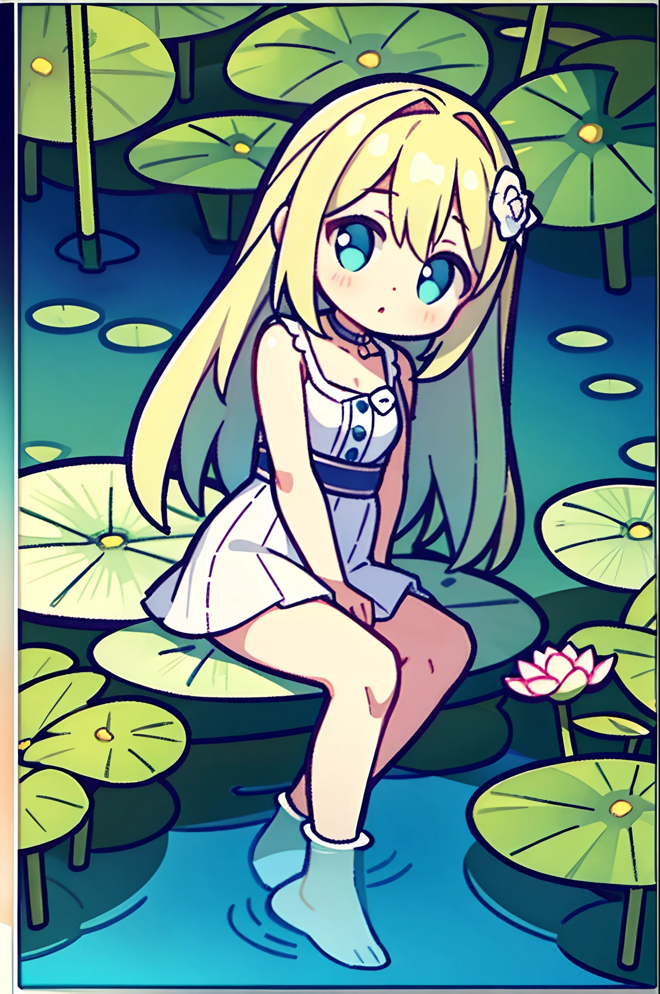 There is a girl sitting on a leaf, (White clothes), Fresh color scheme, There are stuffed animals, Guvez style artwork, popular in CGSTATION, illustratio:Li Song, soft anime, Lying on a mat of water lilies, Sitting on a lotus flower, Cute and detailed digital art, Cute art style, In the pond, By Jan J, Cute digital art, Guvitz, Sitting by the pond