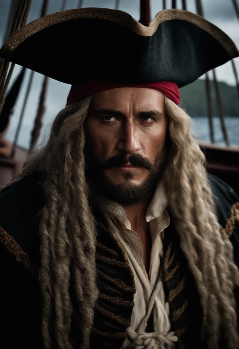 Edward Teach, con sus barbas trenzadas por las tormentas marinas, emerge como un temible pirata en el Caribe del siglo XVIII. Su figura corpulenta y cabello oscuro se destacan en su vestimenta de pirata, marcando su presencia en el barco ????? como la muerte.