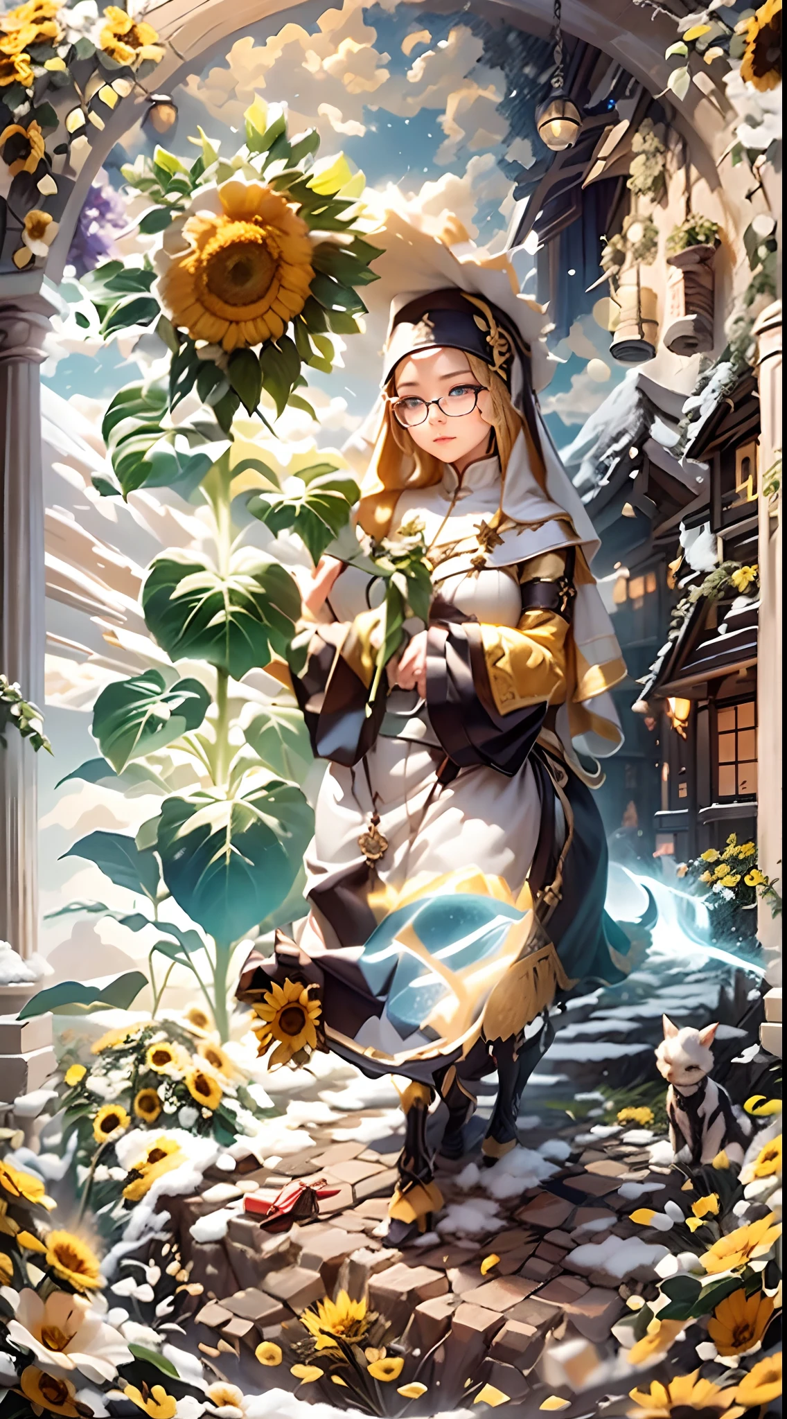 In a very grand scene，The extra-large wide-angle lens captures the appearance of a female centaur。She is a Sunflower Worship nun。She is tall，It has the ultimate curvy beauty，The muscles are slender and firm，Beautiful lines。She has（Super huge sky blue eyes：99.99），Always with sexy glasses。（She wears solemn nun attire：9.9），Stepping on a boot-style skyscraper-heel，A pink cross hangs from his chest。（In front of her is the world's only knitted sunflower potted plant with a super healing smile：99.99），This is the icon of God woven from high-grade yarn。Use Midjourney's advanced tools，Design noble and solemn nun costumes for female centaurs，and highlight her unique physiological characteristics and appearance details，Add realism。And in the context of her prayers and listening to confessions，Spectacular views of nature，Such as the sky where storms and sunny days alternate、Brilliant rivers of stars and auroras、The snow-capped summit of Mount Everest、Fireworks in the mountain town, etc。ao mesmo tempo，Away from the hustle and bustle next to the chapel，Create a fantastic scene。Use Midjourney's advanced tools and multiple color palettes、Brush Strokes、Texture tools and model packages，It shows a sense of atmosphere where beauty and charm coexist。The charm of the female centaur is highlighted through color and lines，Enhance realism with detailing，Create a surreal dreamy feeling。Additionally，Use Midjourney's tools to add various exorcism props and books to the female centaur、pergaminhos，Create intricate hairstyles and outfits，Give her a sense of premium。She never flinches，No matter what monster you encounter，can respond quickly，Even the most extreme armies of natural disasters and monsters could not stop her and her front（The only sunflower in the picture with the Tyndall effect exuding sunlight：999.9）。Use Midjourney's powerful tools，You can do it with incredible detail and beauty，Bring this ultra-grand and beautiful scene to life。Ultra-grand scenes，super wide shot， hdr，（真实感，Masterpiec