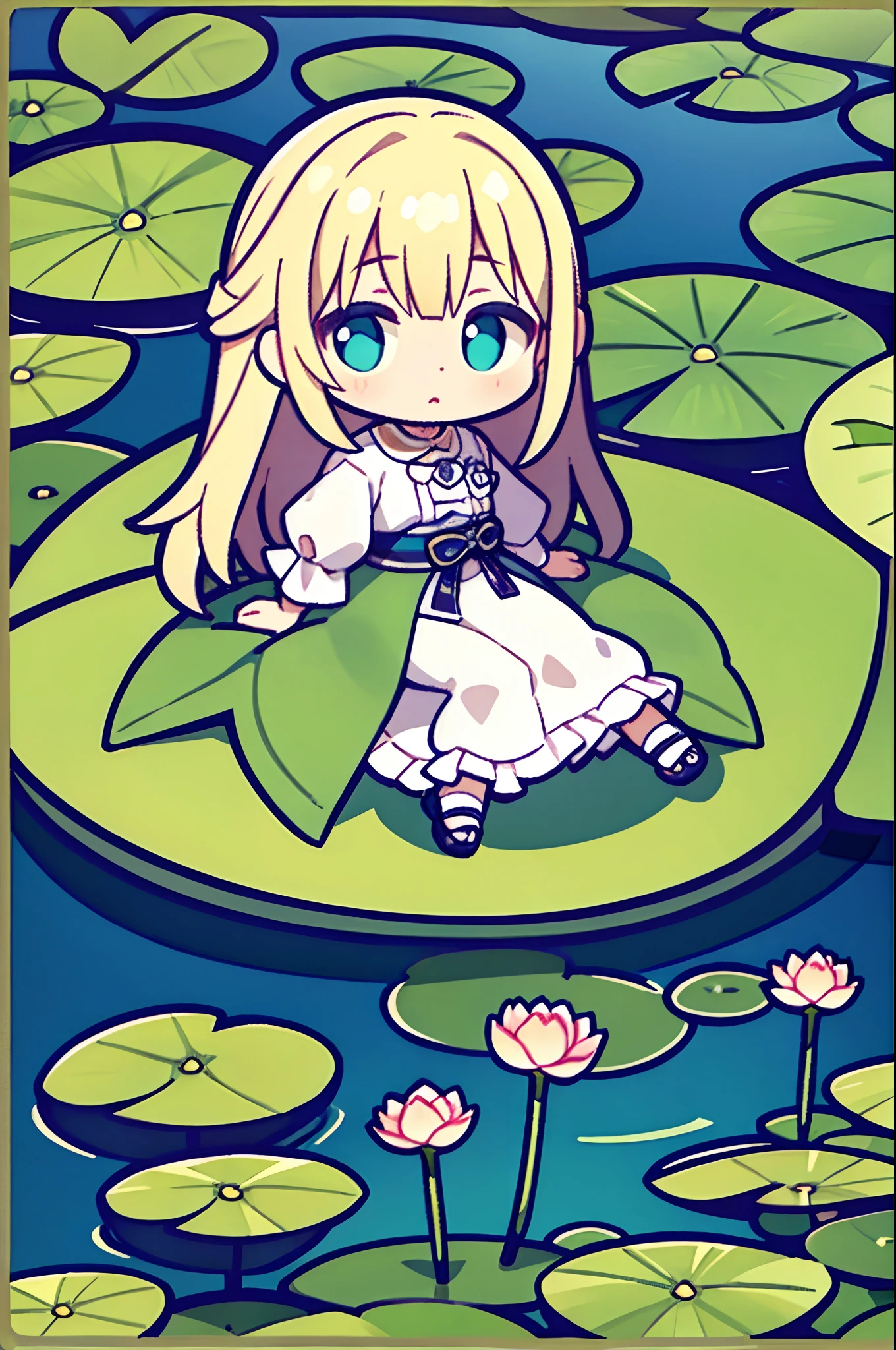 There is a girl sitting on a leaf, (White clothes), Fresh color scheme, There are stuffed animals, Guvez style artwork, popular in CGSTATION, illustratio:Li Song, soft anime, Lying on a mat of water lilies, Sitting on a lotus flower, Cute and detailed digital art, Cute art style, In the pond, By Jan J, Cute digital art, Guvitz, Sitting by the pond