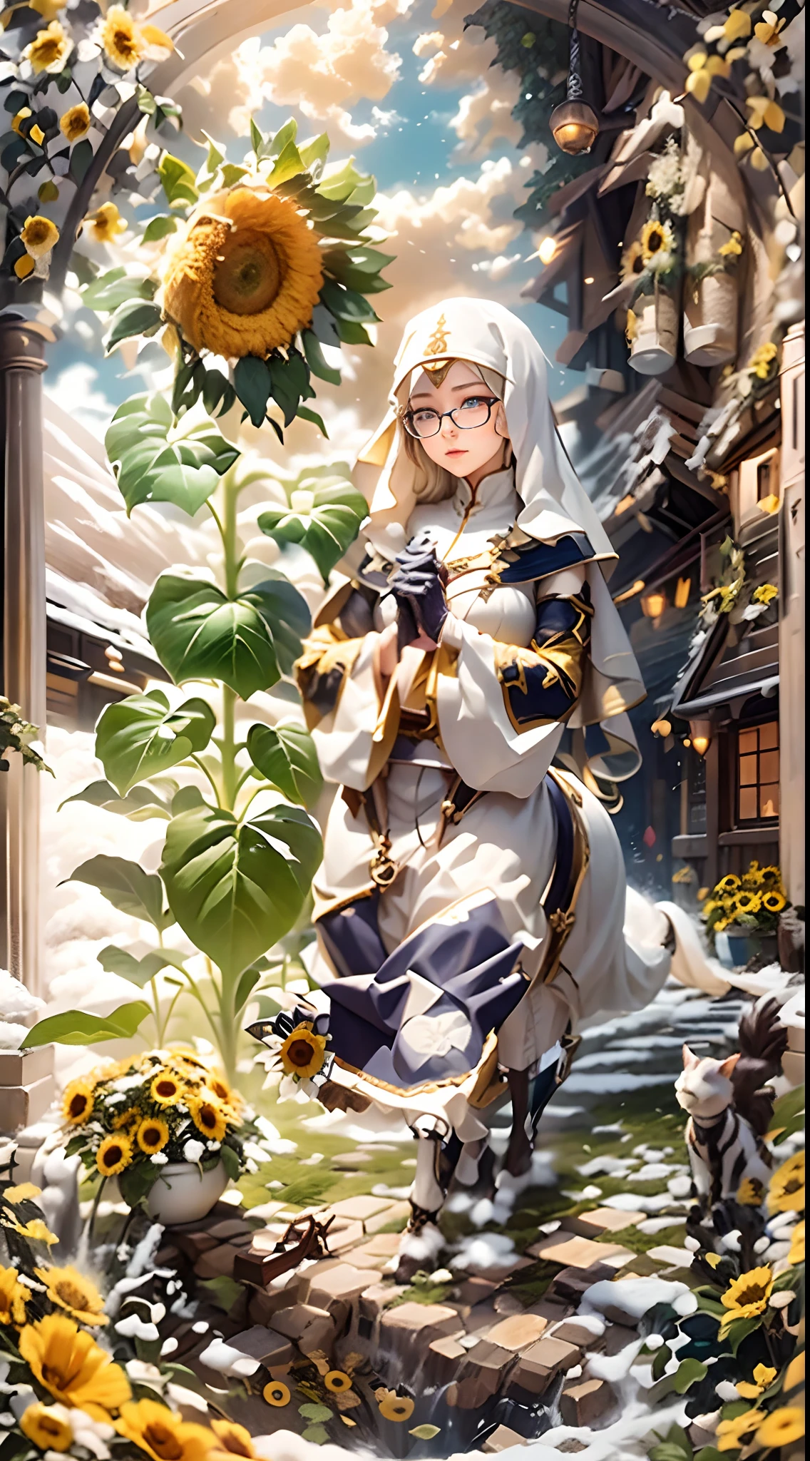 In a very grand scene，The extra-large wide-angle lens captures the appearance of a female centaur。She is a Sunflower Worship nun。She is tall，It has the ultimate curvy beauty，The muscles are slender and firm，Beautiful lines。She has（Super huge sky blue eyes：99.99），Always with sexy glasses。（She wears solemn nun attire：9.9），Stepping on a boot-style skyscraper-heel，A pink cross hangs from his chest。（In front of her is the world's only knitted sunflower potted plant with a super healing smile：99.99），This is the icon of God woven from high-grade yarn。Use Midjourney's advanced tools，Design noble and solemn nun costumes for female centaurs，and highlight her unique physiological characteristics and appearance details，Add realism。And in the context of her prayers and listening to confessions，Spectacular views of nature，Such as the sky where storms and sunny days alternate、Brilliant rivers of stars and auroras、The snow-capped summit of Mount Everest、Fireworks in the mountain town, etc。ao mesmo tempo，Away from the hustle and bustle next to the chapel，Create a fantastic scene。Use Midjourney's advanced tools and multiple color palettes、Brush Strokes、Texture tools and model packages，It shows a sense of atmosphere where beauty and charm coexist。The charm of the female centaur is highlighted through color and lines，Enhance realism with detailing，Create a surreal dreamy feeling。Additionally，Use Midjourney's tools to add various exorcism props and books to the female centaur、pergaminhos，Create intricate hairstyles and outfits，Give her a sense of premium。She never flinches，No matter what monster you encounter，can respond quickly，Even the most extreme armies of natural disasters and monsters could not stop her and her front（The only sunflower in the picture with the Tyndall effect exuding sunlight：999.9）。Use Midjourney's powerful tools，You can do it with incredible detail and beauty，Bring this ultra-grand and beautiful scene to life。Ultra-grand scenes，super wide shot， hdr，（真实感，Masterpiec