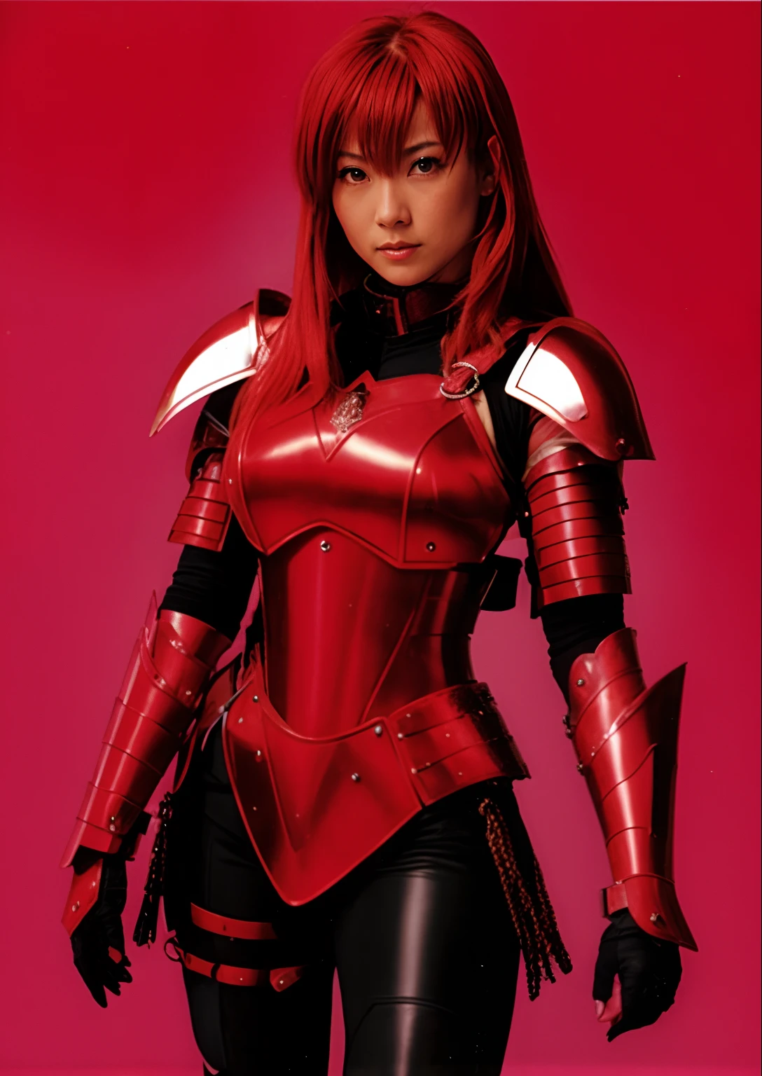 Woman in red leather clothes holding sword, cyber japan armor, armor girl, japanese cyborg, slick pink armor, lady in red armor, skintight red leather armor, Red armor, cyber japan style armor, red skintight leather armor, redhead queen in heavy red armor, Cameron the dove in knight's armor, red leather armor, Asuka, Starfire