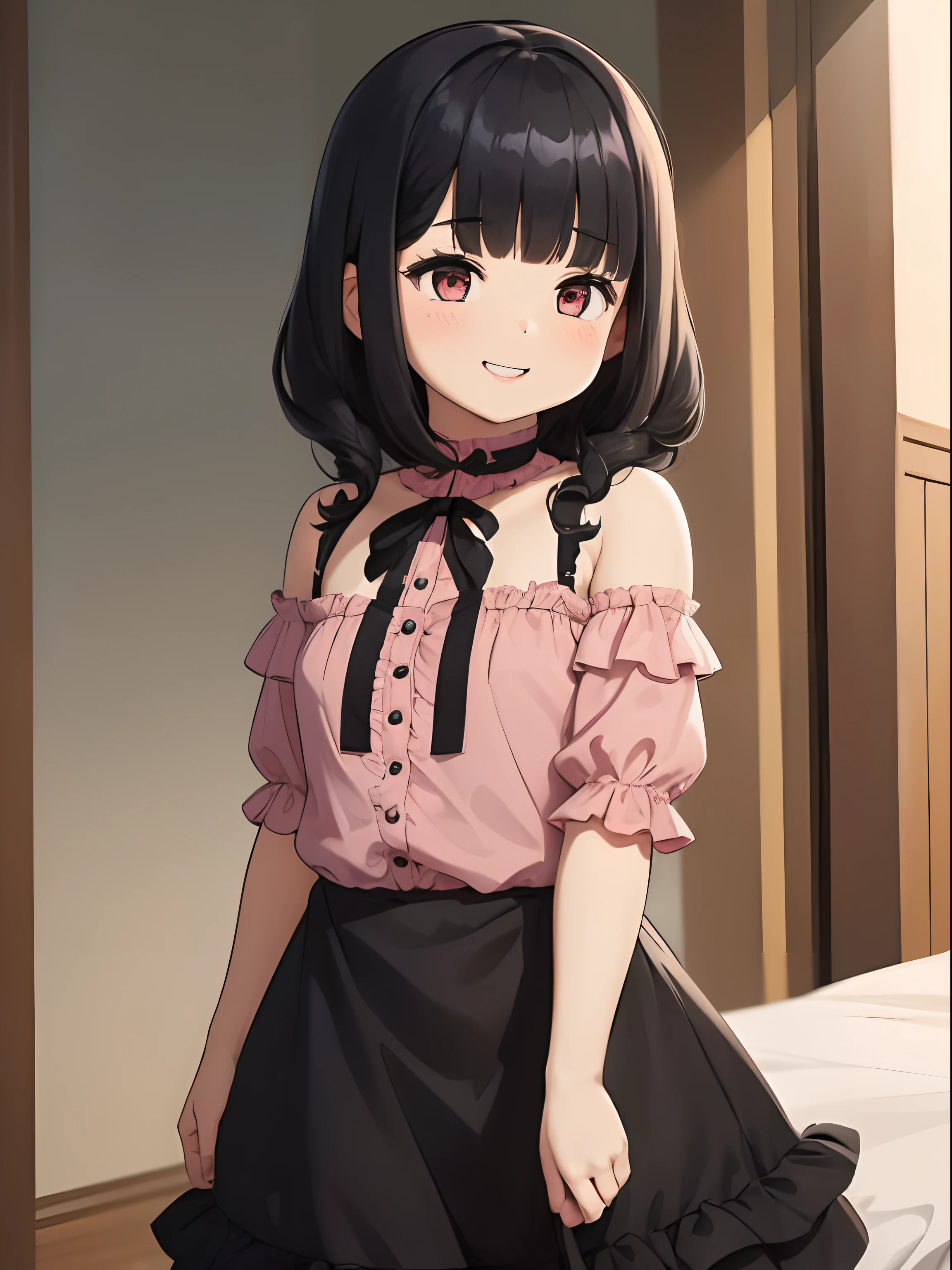 (((1 girl)), sole female ,Cute girl, wearing a pink frilled dress, black pants, shoulder length hairs, curly, black hairs,((bangs)), wide smile, excited, short in height