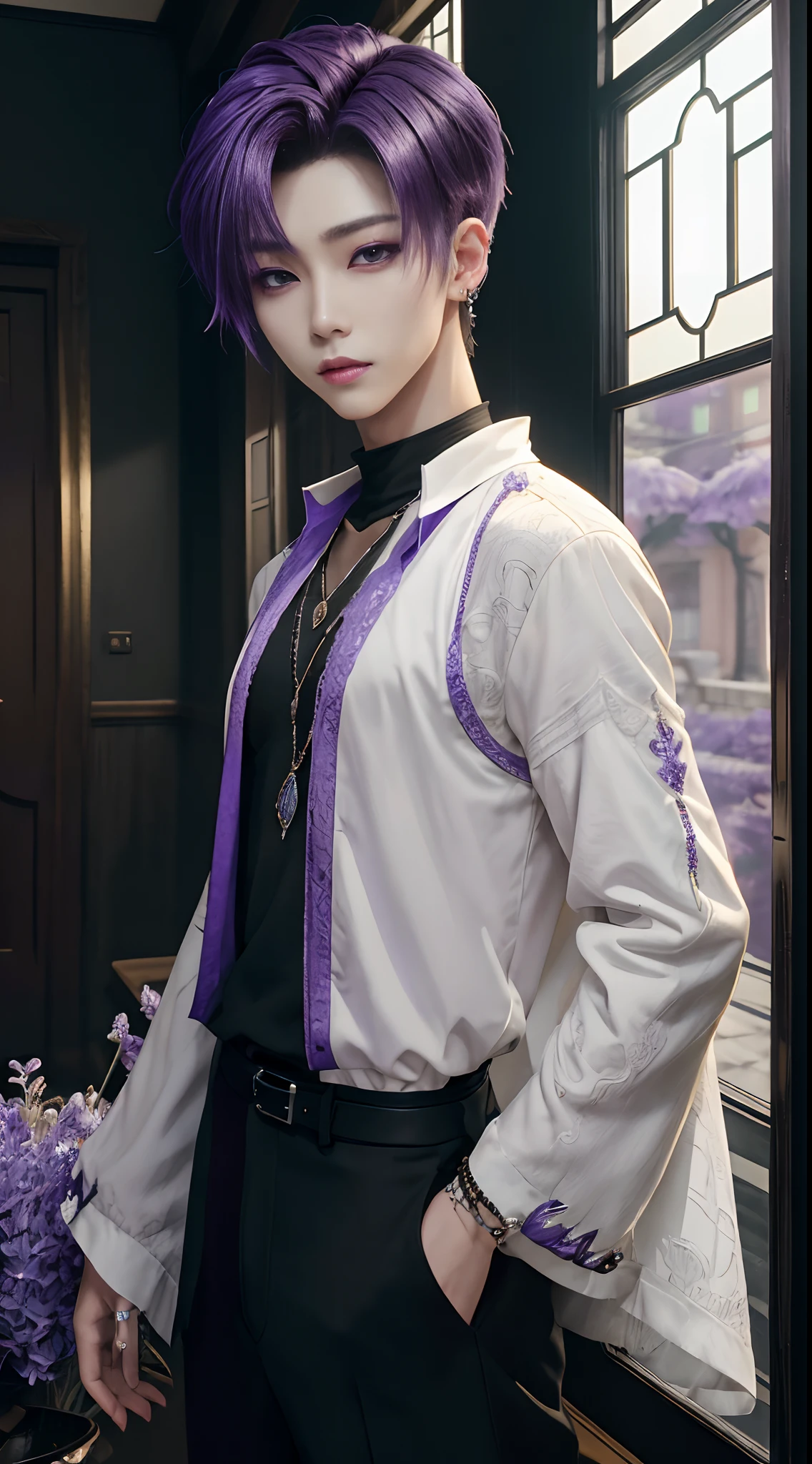 masterpiece, top-quality, 1male people,, Adults, tall, different fashion, different color, finely eye and detailed face, intricate detailes, ((Korean fashion in black and white)), window, Happiness, tenderness, high-level image quality、tall、The upper part of the body、nightfall、nighttime scene、𝓡𝓸𝓶𝓪𝓷𝓽𝓲𝓬、Korean Male, Idol Photos, k pop, Professional Photos, Vampires, Korean fashion in black and white, Fedoman with necklace, inspired by Sim Sa-jeong, androgynous vampire, :9 detailed face: 8, extra detailed face, detailed punk hair, ((eyes are brown)) baggy eyes, Seductive. Highly detailed, semi realistic anime, Vampires, hyperrealistic teen, delicate androgynous prince, imvu, Bangs hide both eyes、invisible, short hair above the ears, Man with short hair, ((Purple haired man with wild expression)), ((Man with short hair in bright purple))