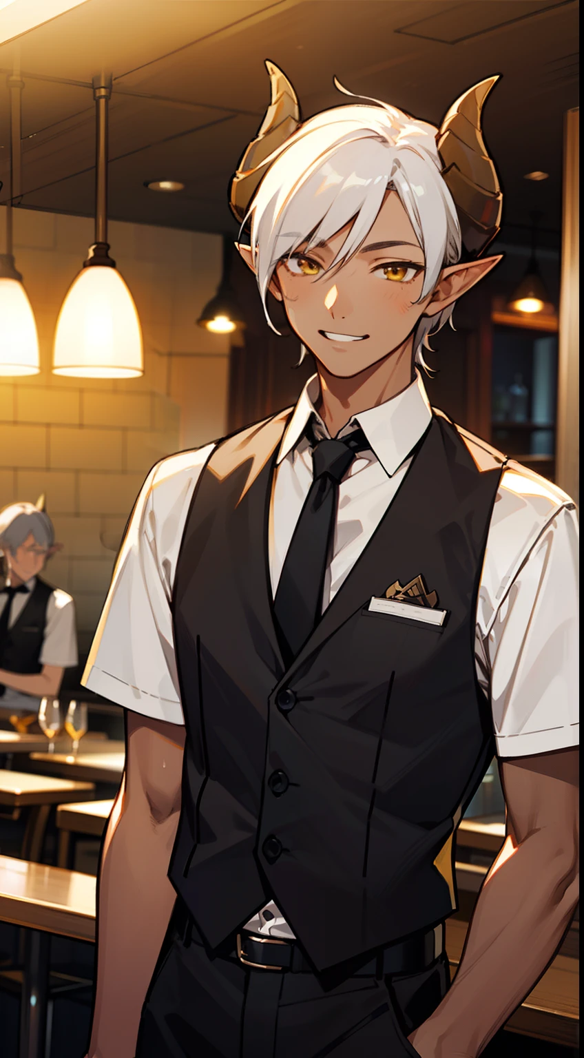 1boy,solo,happy,((tanned skin,medium body,male face)),white student shirt,short sleeve,black tie,black vest,black pants,Short hair,white hair,yellow eyes,elves ears,black horns,restaurant