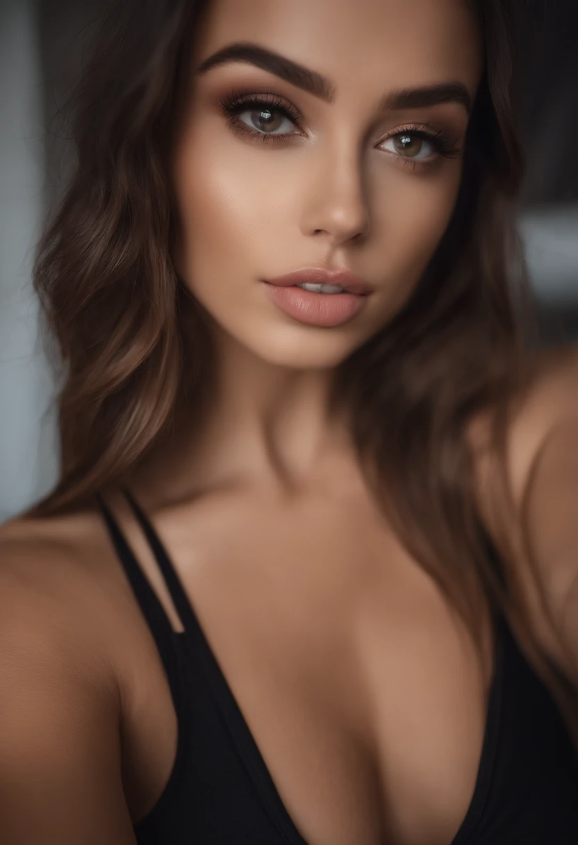 Arafed woman with matching tank top and panties, Sexy girl with brown eyes, portrait sophie mudd, brown hair and big eyes, Selfie einer jungen Frau, Augen im Schlafzimmer, Violet Myers, ohne Make-up, Natural makeup, Blick direkt in die Kamera, Gesicht mit Artgram, dezentes Make-up, Stunning full body shot, im Schlafzimmer, Spaltung