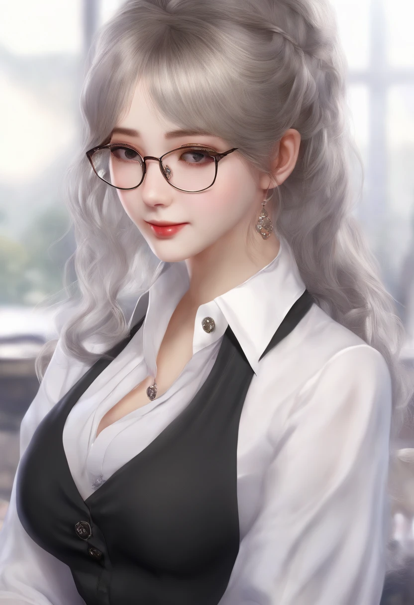 At best....., high-detail, master-piece, ultra-detail, (Realistic:1.2), 1girls, ( Cafe Background),, delicate eyes, silver-haired, purple eyes, Hair ornaments, (Clear Buttons White Tight Office Shirt:1.3),Hair length, light_ear, diadem_braid, expressionless, straight hair, (++ Seated: 1.2), large boobs,lifelike,soft colors,Wear glasses, best quality, masterpiece, highres, 1girl, transparent silk china dress, beautiful face, hair ornament, looking at viewer, smile, closed mouth,lips, dress,hair ornament, necklace, jewelry, long hair, earrings, Beautiful face,upon_body, tyndall effect,photorealistic, dark studio, rim lighting, two tone lighting,(high detailed skin:1.2), 8k uhd, dslr, soft lighting, high quality, volumetric lighting, candid, Photograph, high resolution, 4k, 8k, Bokeh