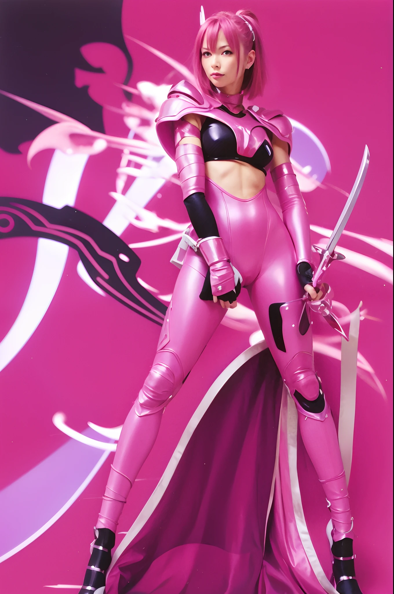 A woman holding a sword in a pink latex costume, clear eyes, symmetrical eyes, dark eye shadow, smooth pink armor, katana zero video game character, pink iconic character, streamlined pink armor, pink body, 3 D rendered character art 8 K, portrait of Ninja Dragon Kenden girl, extremely detailed Artgerm, anime character; Full body art, sharp silver armor fuchsia skin, Rostelland 8 K, pink skin