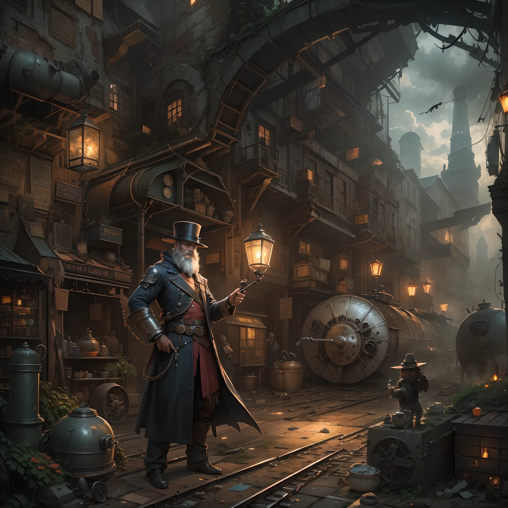 (best quality,ultra-detailed,realistic:1.37),steampunk,sorcerer with a magical sword, bushy beard,magic-infused sword,armor,dragon wings,wasteland of a sky city,misty atmosphere,gleaming metal,mechanical gears,smoke emerging from the ground,dimly lit lanterns,industrial machinery,steam-powered flying ships,victorian architecture,overgrown vines and plants,enchanted ruins,thick clouds hovering above,whirls of steam,crumbling buildings,evocative of a bygone era,airships soaring through the air,mysterious artifacts,reflective goggles,rough cobblestone streets,starry night sky,mystical aura,hauntingly beautiful scenery,rusted metal structures,weathered signs,vibrant colors contrasting with the decayed surroundings,an elderly wizardguardian,exposed pipes,secret underground tunnels,sparks of magic spells,crowded marketplace bustling with people,mechanical limbs and gadgets,whispers of forgotten stories,enchanted crystals illuminating the darkness,steaming teapots and cups,lively energy mixed with a sense of melancholy.