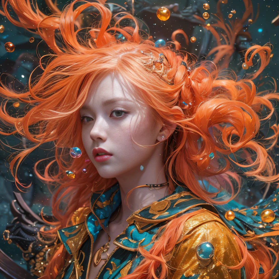 cyan colors，blue colors，enamel，agates，A flesh-colored world，Blood Girl 32K（tmasterpiece，k hd，hyper HD，32K）Long flowing bright orange hair，blood pond，zydink， a color，Grumpy （Post-halo）， （Linen scarf）， Combat posture， looking at the ground， long whitr hair， Floating bright orange， Fire cloud pattern gold tiara， Chinese long-sleeved gold silk burgundy garment， （Abstract metaverse splash：1.2）， white backgrounid，Lotus vitality protector（realisticlying：1.4），Bright purple hair，Smoke on the road，The background is pure， A high resolution， the detail， RAW photogr， Sharp Re， Nikon D850 Film Stock Photo by Jefferies Lee 4 Kodak Portra 400 Camera F1.6 shots, Rich colors, ultra-realistic vivid textures, Dramatic lighting, Unreal Engine Art Station Trend, cinestir 800，A girl with long flowing bright orange hair，Huge multicolored bubbles